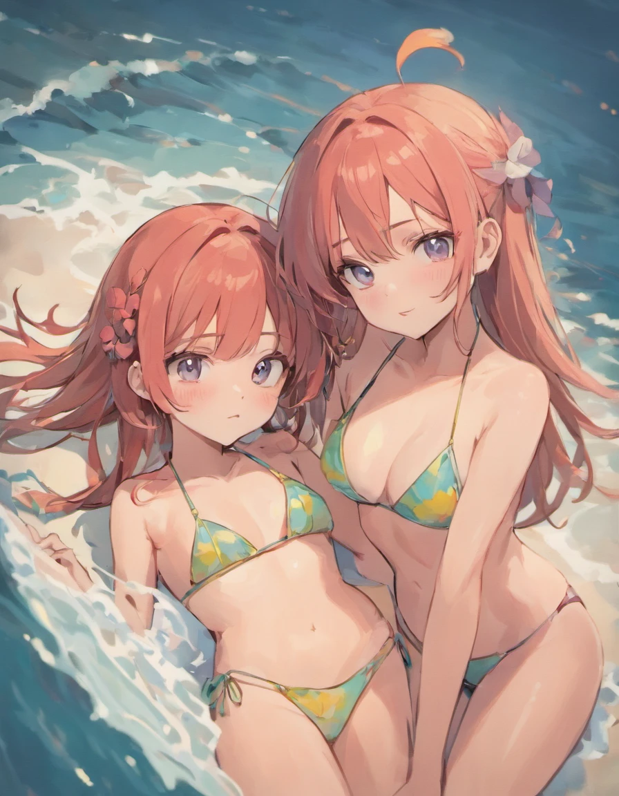 2girls，in a bikini，Complex design，Lots of details，k hd，Cuddle together，Lie down in bed，is shy