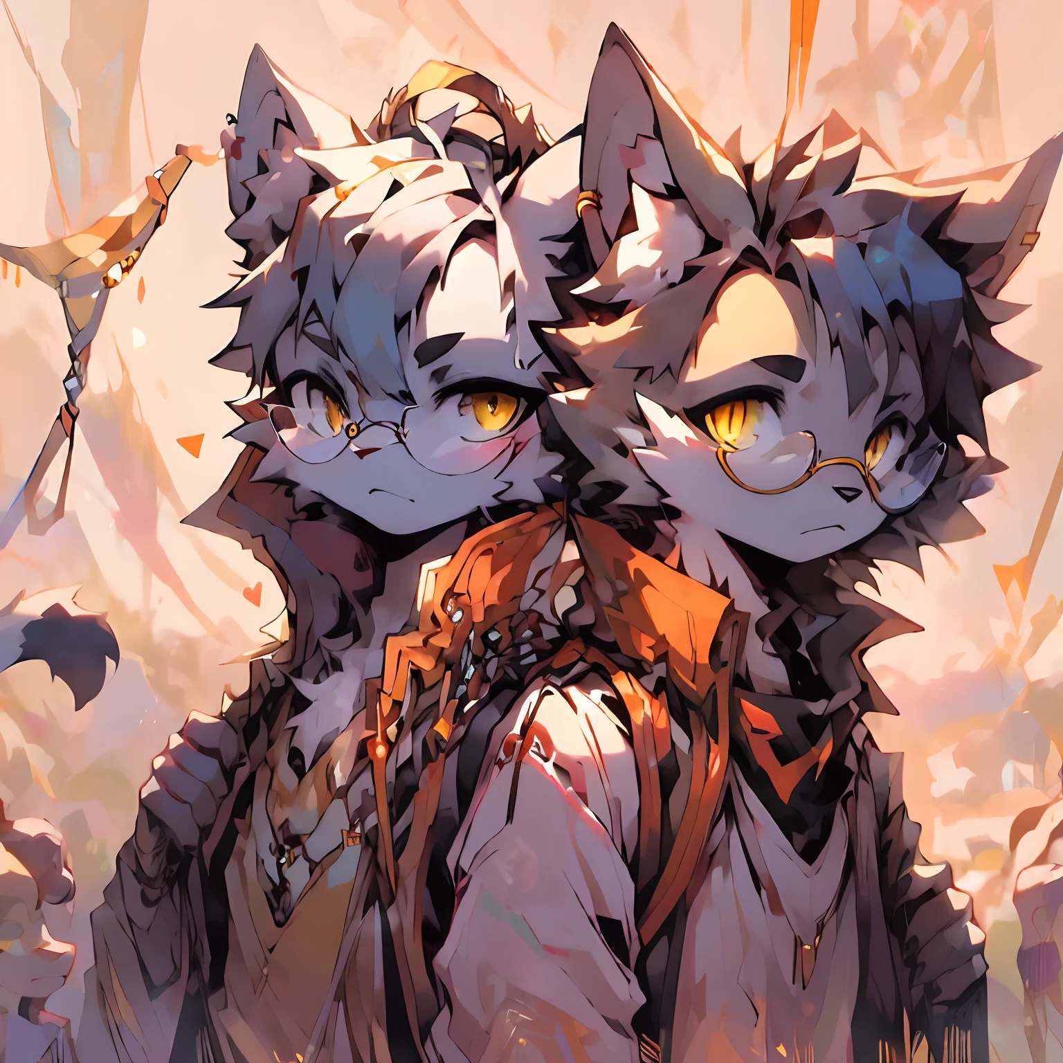 an adventurous traveling boy, red cloak, desert hunter, ((half boy half cat)), (((anthropomorphic cat)))), ((gray cat fur)), protective underwear, long leather boots tied, ((cat ears)), ((cat's tail)), burgundy colored hair, red hair, ((opaque ochre metal mask divided into 2 parts, skull of the face and jaw)), ((mask of a turtle's head)), (mask with 2 large and 2 small eyes), (turtle theme mask), ((underwear in dark gray colors))