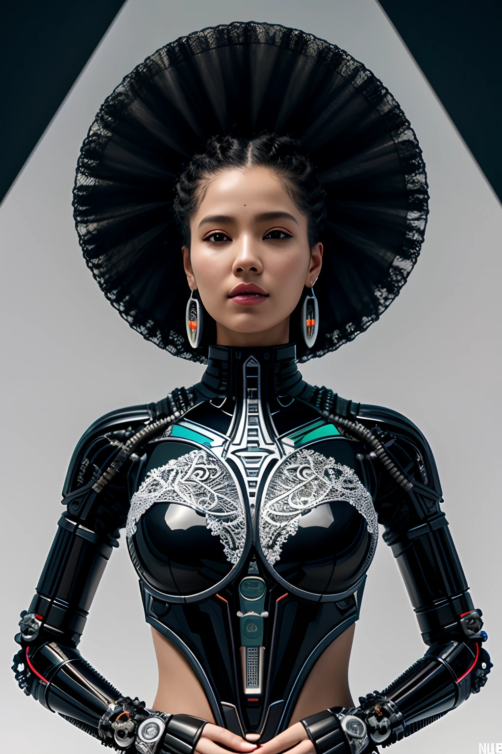 nousr robot, complex 3d render ultra detailed of a beautiful death angel, biomechanical cyborg, analog, 150 mm lens, beautiful natural soft rim light, big leaves and stems, roots, fine foliage lace, colorful details, samourai, Boris Bidjan Saberi outfit, pearl earring, piercing, art nouveau fashion embroidered, intricate details, mesh wire, mandelbrot fractal, anatomical, facial muscles, cable wires, microchip, badass, hyper realistic, ultra detailed, octane render, volumetric lighting, 8k post-production, red and white with a bit of black, detailled metalic bones, semi human, iridescent colors, Glenn Brown style, white room, power of the god, high-angle shot, complex body poses