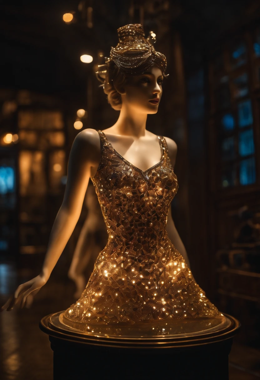 8K, hyper photorealism,photorealistic paintings, Studio quality, Delicate micromachined translucent ballerina glass full body standing on luminous pedestal , sparkle eyes, , mechanicalparts, Light-emitting diodes emit light , Scaly gelatinous mosaic armor, Translucent glass skin , Intricate , 1.8 Canon 100mm F2.8 background old steampunk toy store, Dust, Night textures