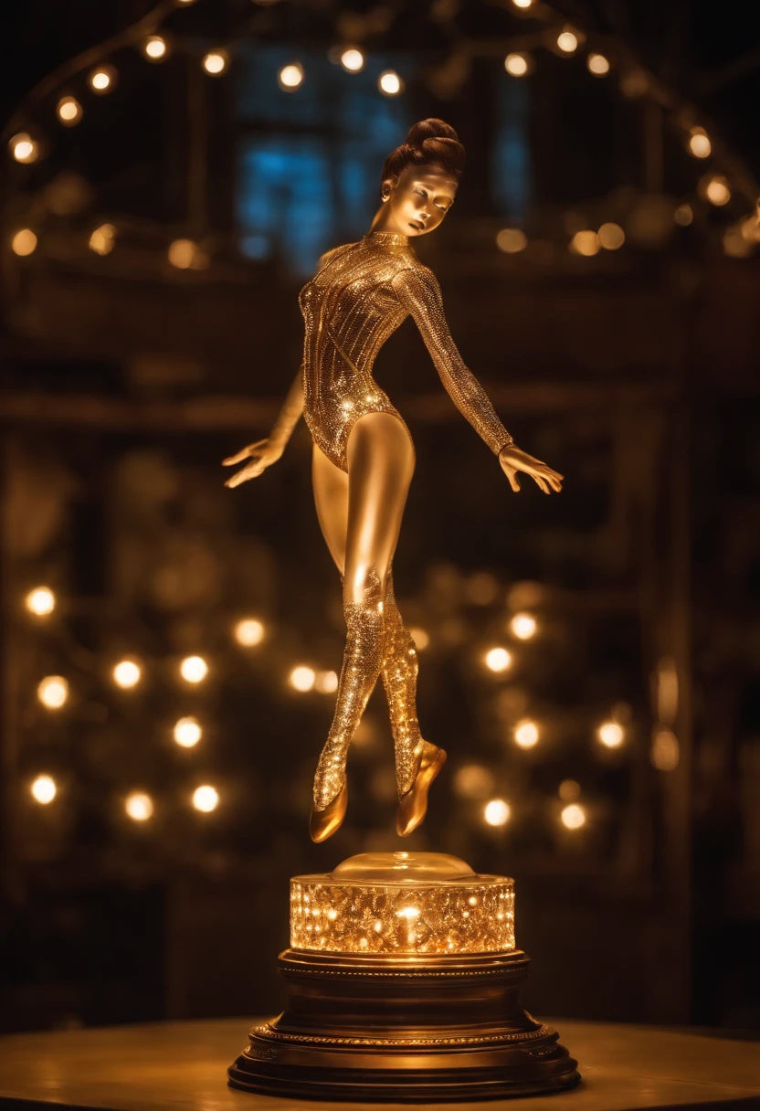 8K, hyper photorealism,photorealistic paintings, Studio quality, Delicate micromachined translucent ballerina glass full body standing on luminous pedestal , sparkle eyes, , mechanicalparts, Light-emitting diodes emit light , Scaly gelatinous mosaic armor, Translucent glass skin , Intricate  , 1.8 Canon 100mm F2.8 background old steampunk toy store, Dust, Night textures