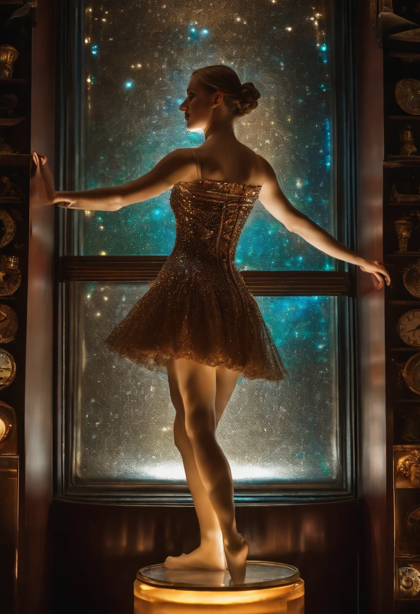 8K, hyper photorealism,photorealistic paintings, Studio quality, Delicate micromachined translucent ballerina glass full body standing on luminous pedestal , sparkle eyes, , mechanicalparts, Light-emitting diodes emit light , Scaly gelatinous mosaic armor, Translucent glass skin , Intricate , 1.8 Canon 100mm F2.8 background old steampunk toy store, Dust, Night textures
