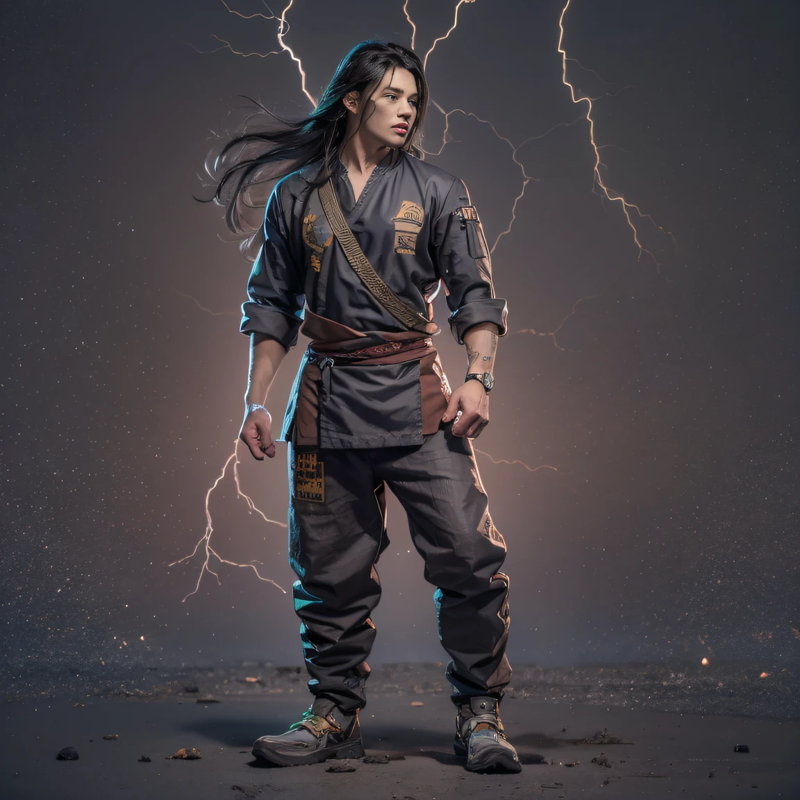 Full body male chef 32K(tmasterpiece,k hd,hyper HD,32K)Long flowing black hair,Camping area,zydink, a color, patriot (canyons), (Linen batik scarf), Angry fighting stance, looking at the ground, Linen bandana, Chinese python pattern long-sleeved garment, (Abstract gouache splash:1.2), Dark clouds lightning background,Flour flies(realisticlying:1.4),Black color hair,Flour fluttering,Background fog, A high resolution, the detail, RAW photogr, Sharp Re, Nikon D850 Film Stock Photo by Jefferies Lee 4 Kodak Portra 400 Camera F1.6 shots, Rich colors, ultra-realistic vivid textures, Dramatic lighting, Unreal Engine Art Station Trend, cinestir 800,Flowing black hair,(((Male chef))),irate,