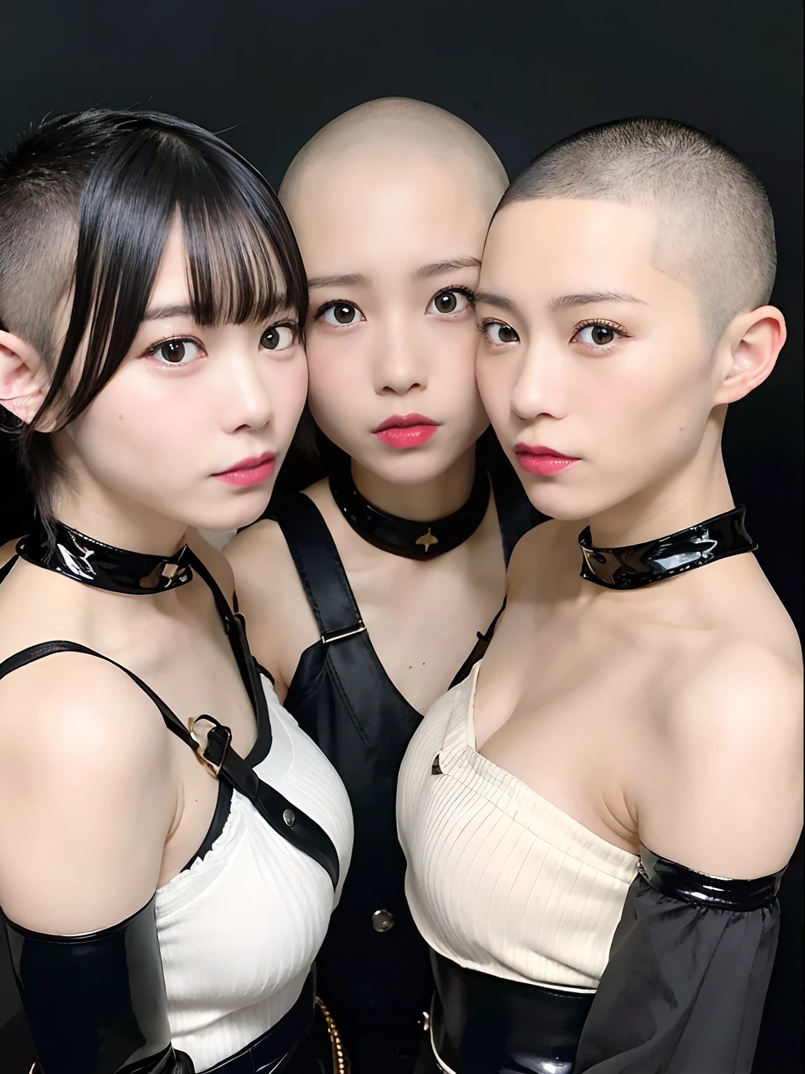 (All have shaved hair), baldhair, skinhead, japanesegirl, threesome japanese women, Hairstyle: shaved head, Highest quality, portraits, The costume is a golden corset, black high heel boots, black long gloves, 8k, japanese woman,(baldhair, shaved head), Three people striking sexy poses on stage, sexy, voguing pose