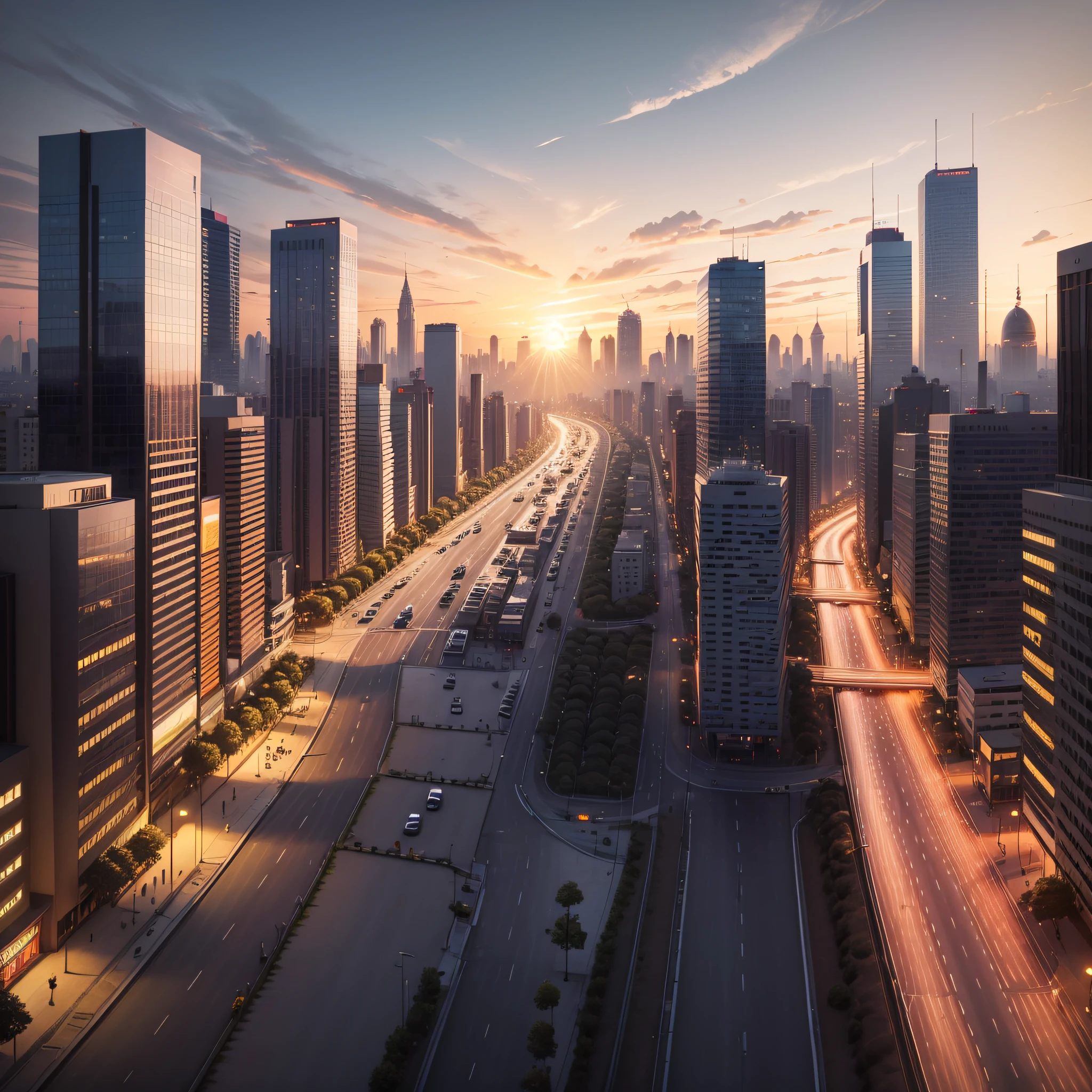 The city in the evening，The sun is in the distance，Busy road，Oblique vista