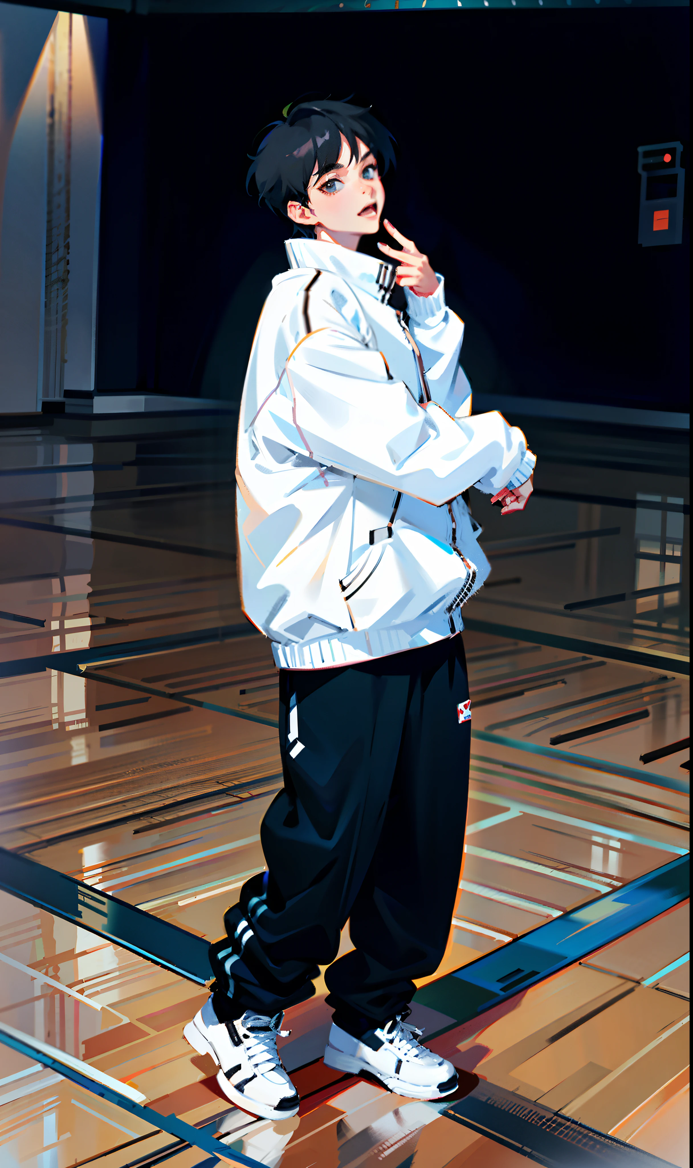 anime boy in white jacket and black pants standing on a basketball court, !!full body portrait!!, digital anime illustration, made with anime painter studio, [ digital art ]!!, kim doyoung, wearing a tracksuit, smooth anime cg art, jungkook, anime artstyle, painted in anime painter studio, baggy, clean artstyle, fullbody portrait