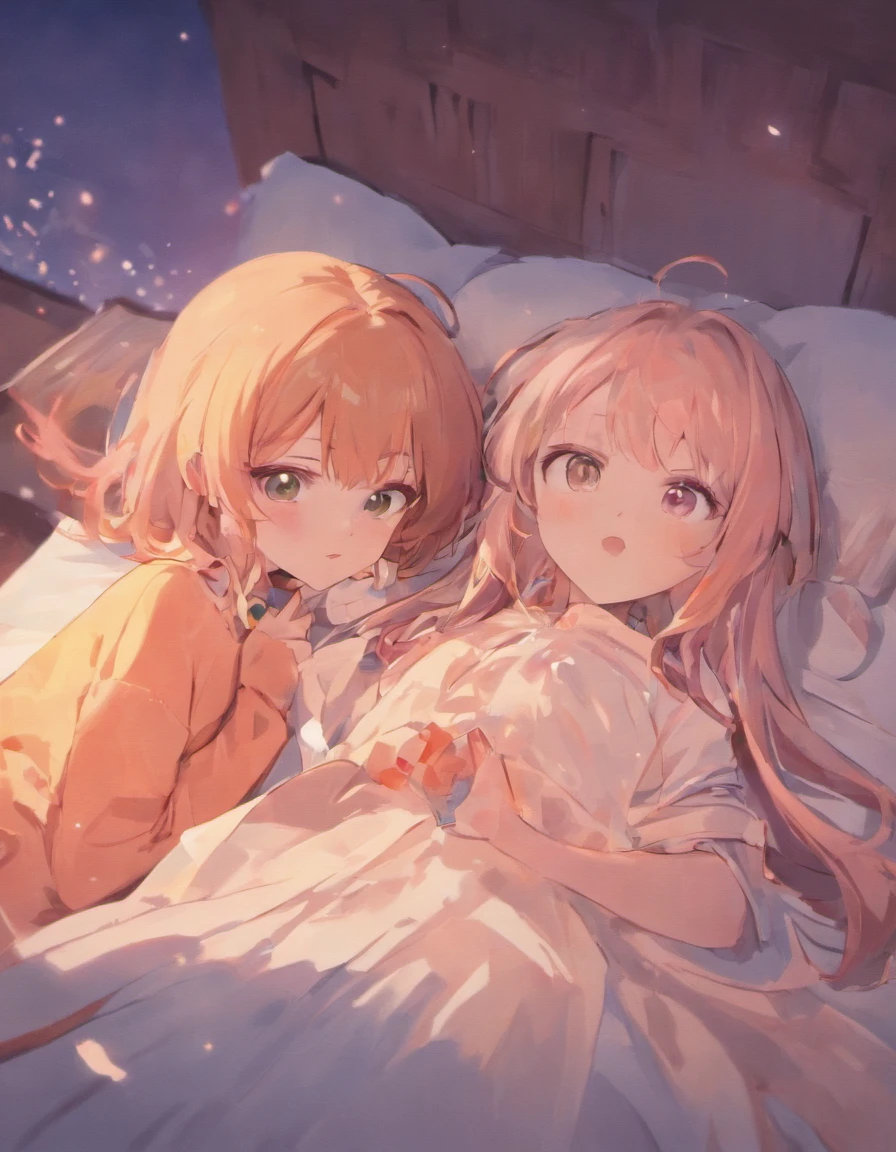 2girls,,k hd,Cuddle together,Lie down in bed,is shy
