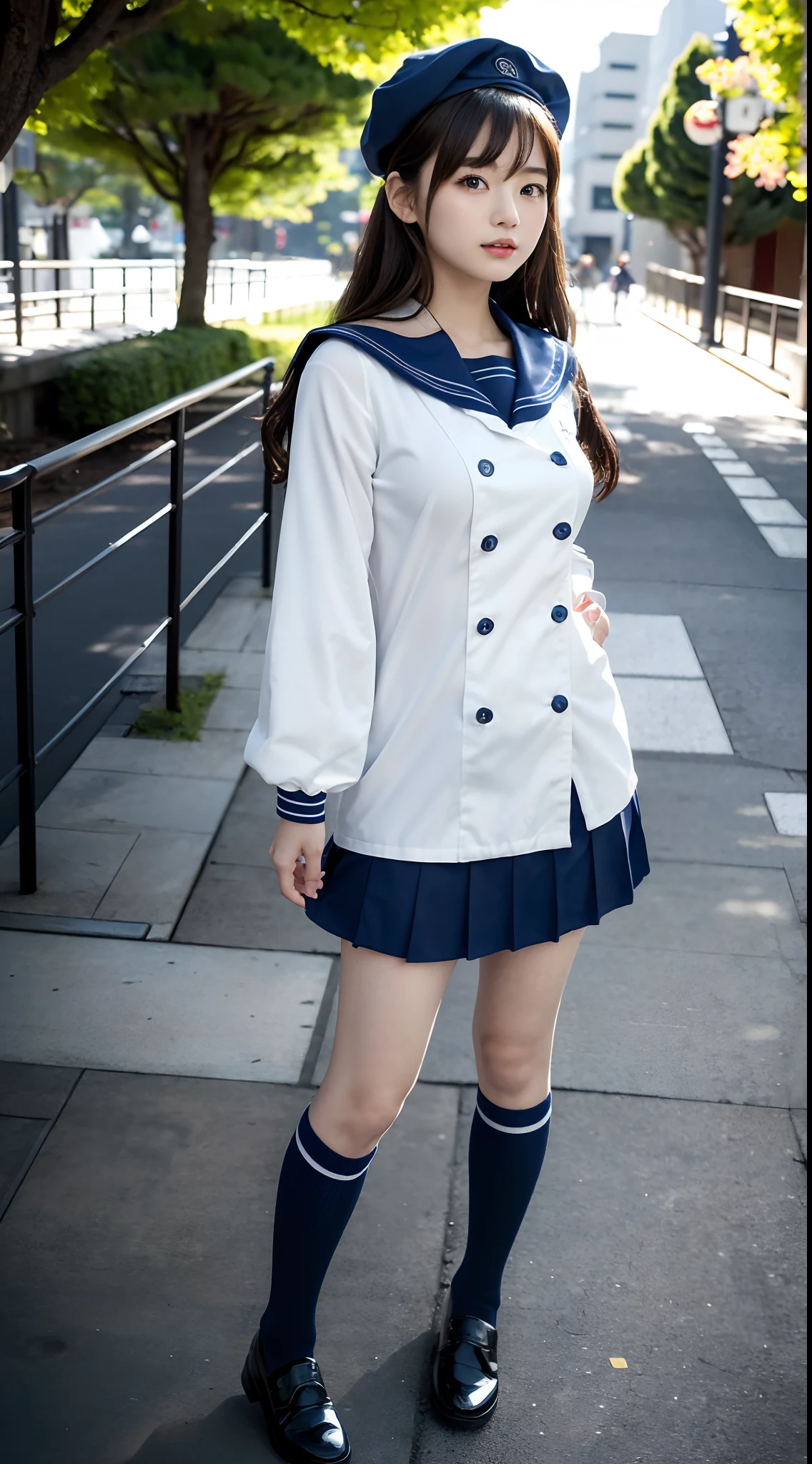 mix4, (16 K, Raw photography, Top image quality, ​masterpiece: 1.45), (realisitic, Photorealsitic: 1.37), one girls, 7．5, etc、Random hairstyle、Standing figure，Morning time slot、a very cute,a park,, profetional lighting, photon maping、physically-based renderingt, Gradient dark brown hair,, a handsome, Well-groomed and beautiful eyes、Large double eyelids、Very shiny、girl with, (((student clothes、Winter clothes、Sailor suit worn by Japan schoolgirl、Navy blue sailor color、scarf、a miniskirt, Small beret、high socks、lowfers))), Top Quality Photos, hight resolution, 1080p, (clearface), (Detailed face description), (Detailed hand description), (​masterpiece), (Exquisite CG)、extreme light and shadows、dishevled hair、master work、abundant detail、(Fine facial features)、(top quality photo)、(masuter piece)、(A detailed eye)、Look in front of you、Fine clavicle、((Slender big))、(((Japan schoolgirl in sailor suit)))、((Ready Idol System))、((a park、Slide、The fountain、seesaw))、(((neat and cute)))、耳Nipple Ring、A big smile、Drawing the whole body from the knees、Do not draw nasolabial folds、(((Cute sailor suit)))、(Big breasts that hang down big:1.4)、Big buttocks with tension、Two arms and two legs、(((from the front side:0.8)))、bare hand、No mask、