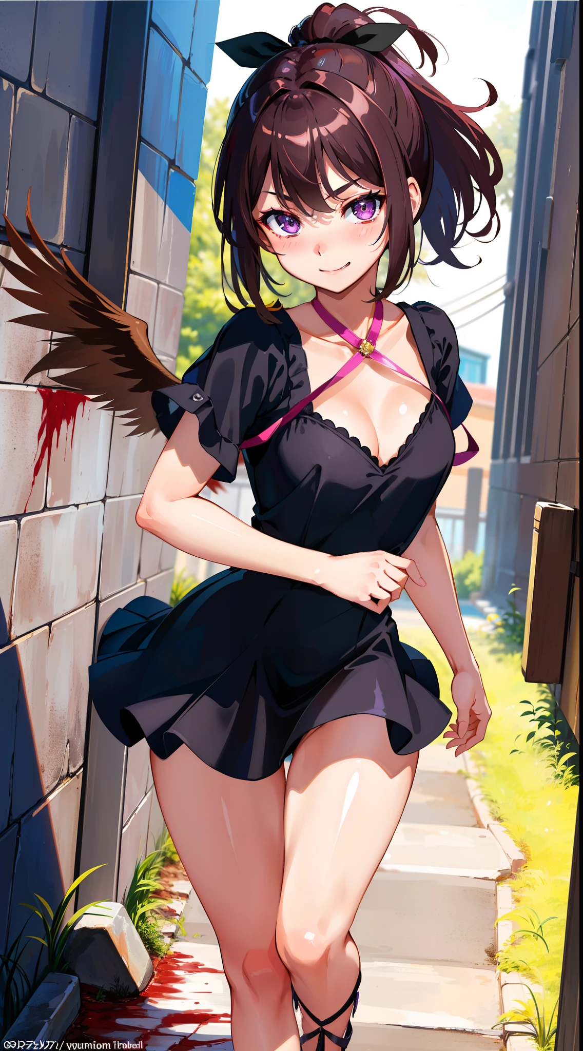 ((masterpiece)),((best quality)),ultra-detailed,illustratio,Explicit,Beautiful body,Beautiful Nose,Beautiful character design, ultra-detailed eyes, perfect eyes,perfect face,wallpaper,ultra highres,4K,photography,(Beautiful,small breasts:1.2),(beautiful face:1.2),beautiful legs,perfect legs,shiny skin,official style,official art,nsfw,anime screencap,anime coloring,
1girl, solo, brown hair, smile, ponytail,ribbon,short hair, purple eyes,breasts,blush,thighhighs,wristwatch,short sleeves,looking at viewer,hair between eyes,bangs,solo focus, close up, ((blood, evil, evil look)), ((black dress))