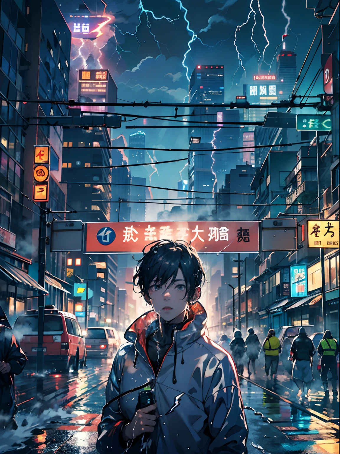 1boy, boy、Wet body、Cyberpunk Boy、The beginning of the adventure、(drenching:2)、(Lightning:1.5)、Lots of clouds,heavy fog、Fog,Chaotic city of the future、Movie dystopia、A group of very tall skyscrapers stands in the center、Very complex cityscape,Crowded Chinese skyscrapers、street signs、streetlights、taxis、buses、Train、Blue lighting,Dark road、Lots of puddles、splash water、Chaotic、Beautiful and fantastic scenery、Cinematic scenery、hightquality、masutepiece,in 8K、hight resolution、