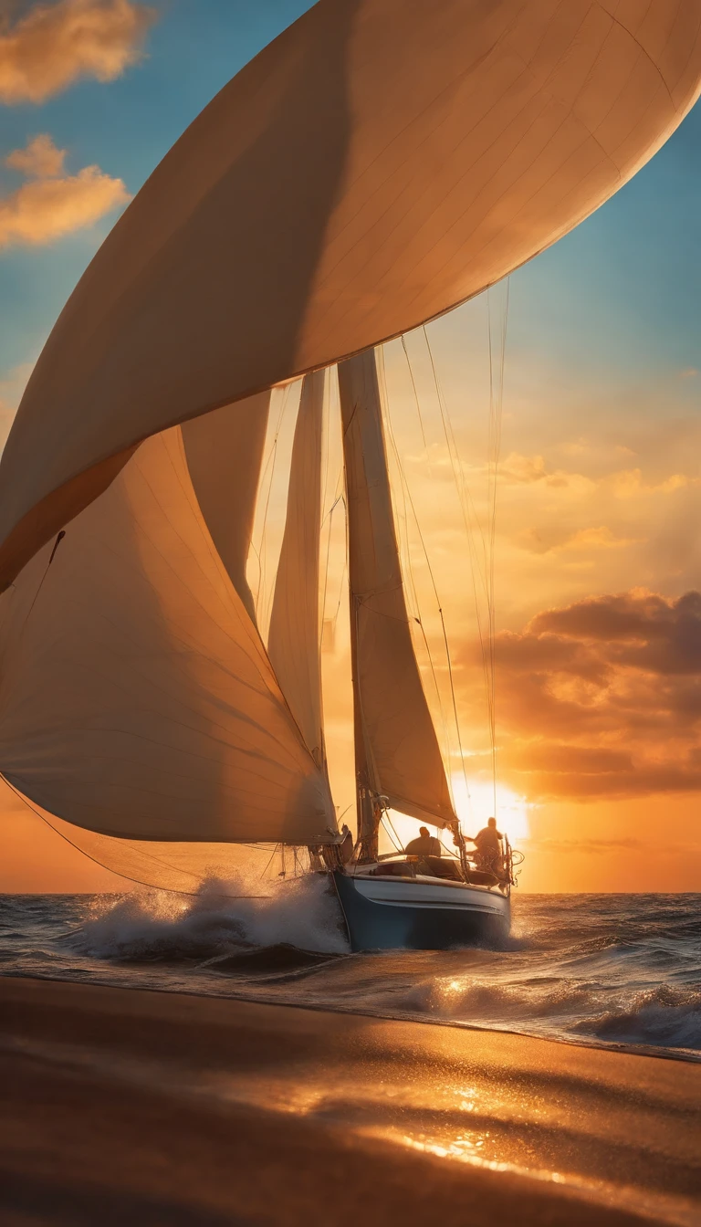 A girl on a sailboat, sailing through the sea, with the wind and waves guiding her journey, against the backdrop of a beautiful sunset. The girl, with flowing golden hair, is wearing a white sailor outfit, with a red scarf flowing in the wind. Her eyes are bright and full of determination as she looks out onto the horizon. The sailboat is made of polished wood, with intricate details and vibrant colors, reflecting the sunlight. The sail is billowing in the wind, with shades of blue and white, symbolizing freedom and adventure. The sea is calm yet alive, with shades of turquoise and deep blue, shimmering under the warm glow of the setting sun. Seagulls fly above, their wings catching the golden rays of light. The sky is a picturesque canvas, with hues of oranges, pinks, and purples, creating a breathtaking sunset scene. The scene is bathed in warm and soft light, casting a tranquil and nostalgic ambiance. The overall image is of the highest quality and resolution, with every detail finely rendered and realistic. The colors are vivid and vibrant, giving the image a sense of life and energy. The style is a mix of realism and impressionism, capturing the essence of the moment. The lighting is soft and diffused, creating a dreamy and romantic atmosphere.