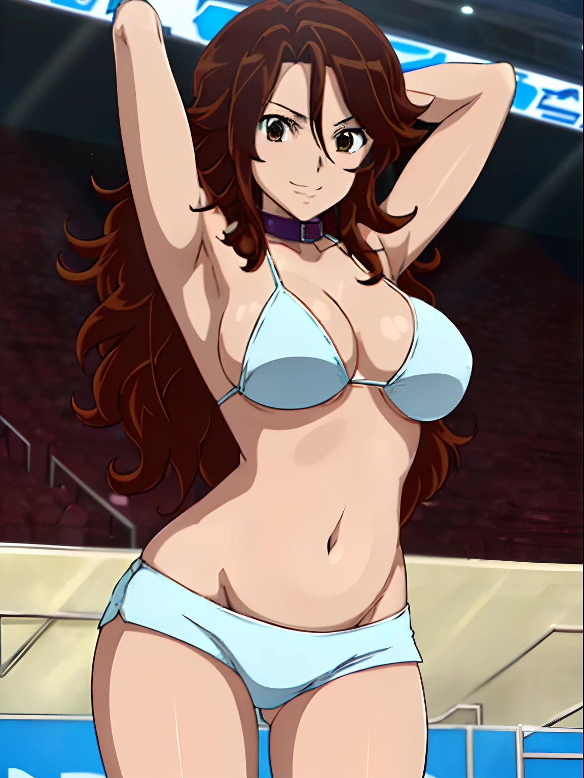 cowboy shot, body view, anime style: 1.8, anime drawing, ultra detailed face, ultra detailed body, 4k, Sumergai Lee Noriega, (standing), best quality, anime style, hires, highest definition, digital blending, bold drawing lines, ((slim waist, female wrestler), (location: wrestling arena, crowds watching), ( slim body, , little biceps, thighs, off-shoulders, (curvy: 2.8), lighting, very shiny skin), ((white bikini, shorts, groin, , white gloves, collar)), victorious, winner, , (big breasts, smile), (big eyes, brown eyes), (clapping), (brown hair, loose hair, curly hair, wavy hair, long hair, missy hair), 27 years old, (give up pose)