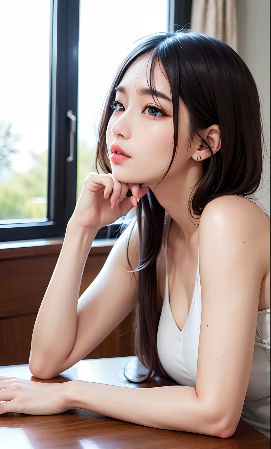 (8K、RAW Photos、Photorealsitic:1.25)、(lipgloss、Eye lashes、Shiny face、shinny skin、best qualtiy、超A high resolution、depth of fields、chromatic abberation、Caustics、Wide range of lighting、Natural Shading、Kpop Idle) The viewer looks calm and goddess-like with a sense of happiness、bobhair、Cane on cheek at desk in café、profile、