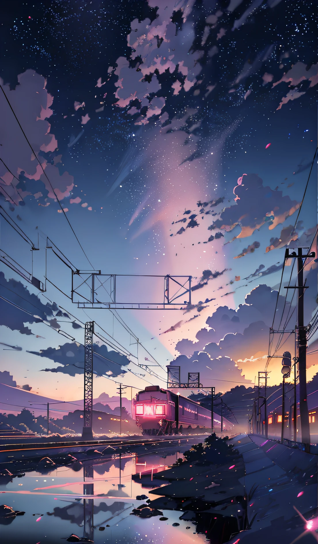 anime scene of a train passing under a pink and purple sky, an anime drawing by Makoto Shinkai, trending on pixiv, magical realism, beautiful anime scene, cosmic skies. by makoto shinkai, ( ( makoto shinkai ) ), by makoto shinkai, anime background art, style of makoto shinkai