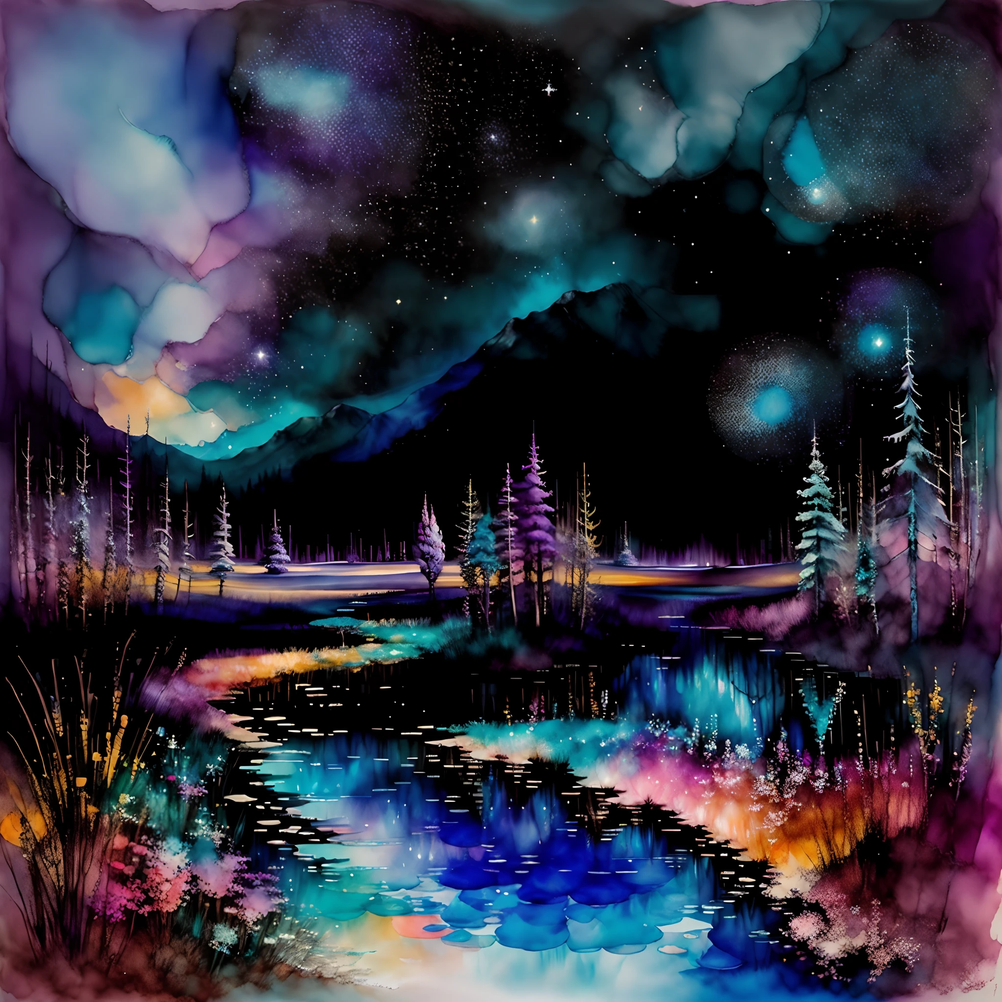 landscape, Wonderland, Space and the shining starry sky, Fantastical、Fantasia、Alcohol ink and impasto mix painting, yang08k, Beautiful, Colorful, Masterpieces, of the highest quality, Best Quality, Official art, Beautiful and aesthetic,