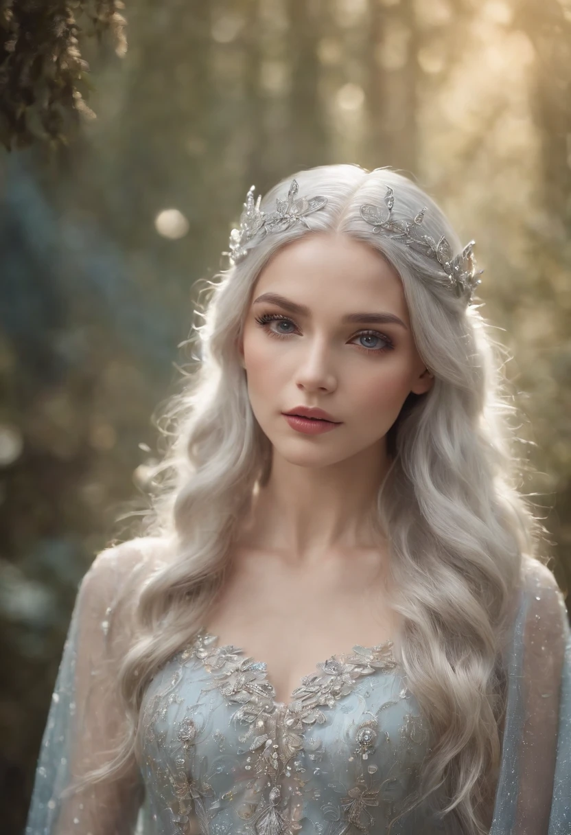 avantgarde fashion shot of an incredibly adorable ice queen playing with shimmering fairy magic, cute eyes looking at camera!!!,The primary focus of the composition should be the seamless fusion of the grey hair, grey eyes, and roots, with magical pixie lights, intricately detailed elven clothing, filigree, flowers, vibrant, ornate, sharp focus, inkflow, oil splash, TINY water drops, inksplash, paintsplash, running paint, running ink, incredible depth, intricate details, cinematic, dramatic lighting, beautiful light and shadows, clear contrast, intricate, hyperdetailed, meticulously detailed, a masterpiece, whimsical fantasy" HDR. UHD. -style raw --ar 5:6 --s 750, super long hairs, very long hairs, highly detailed hairs, absurdly long hairs, voluminous long hairs, straight posture