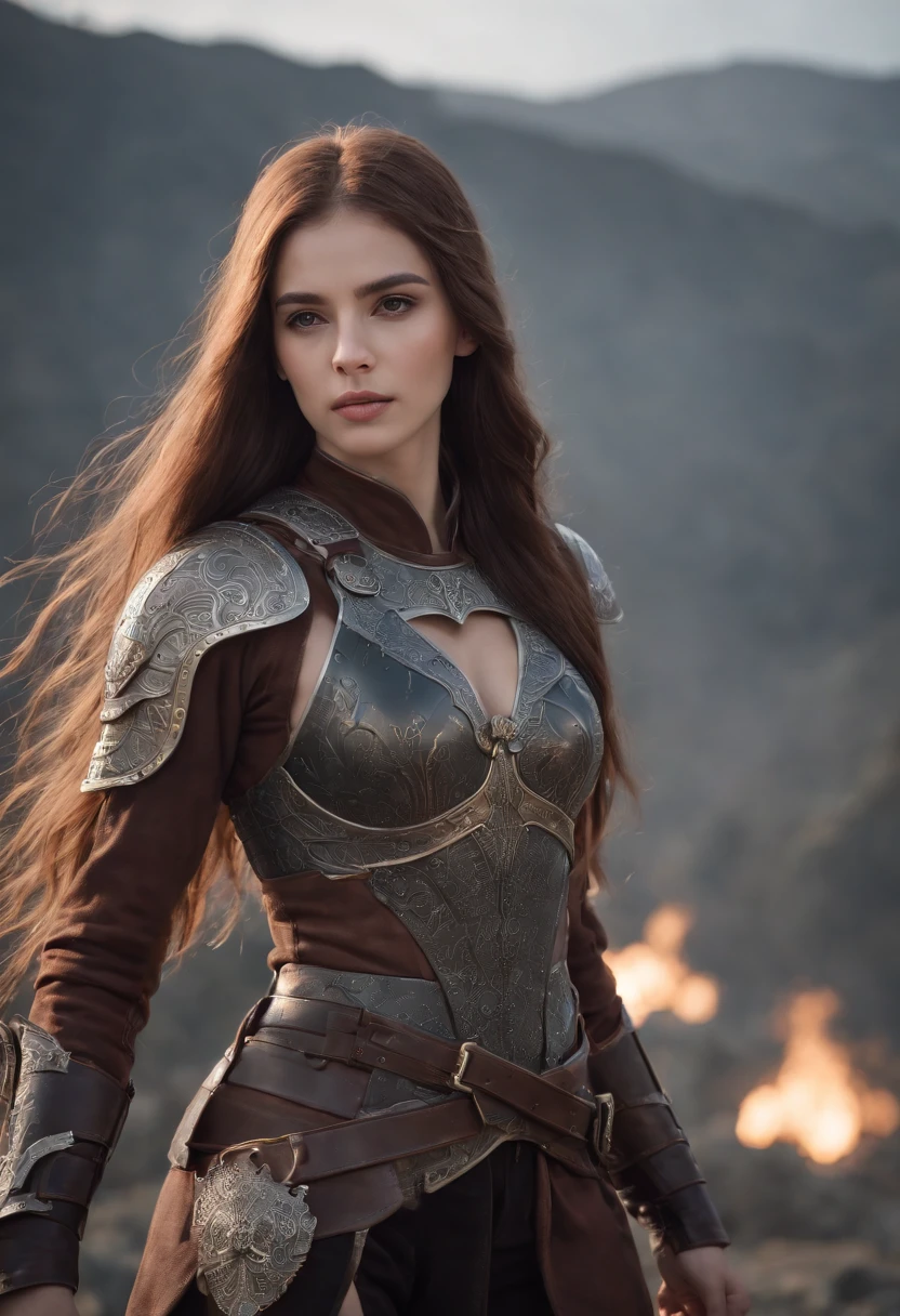 1 powerful girl with upgraded armor with horrible background, gear list on right side and their skills also mentioned, 8K UHD,super long hairs, very long hairs, highly detailed hairs, absurdly long hairs, voluminous long hairs, straight posture