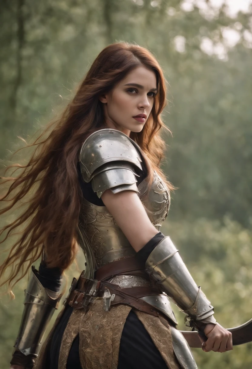 1 powerful girl with upgraded armor with horrible background, gear list on right side and their skills also mentioned, 8K UHD,super long hairs, very long hairs, highly detailed hairs, absurdly long hairs, voluminous long hairs, straight posture