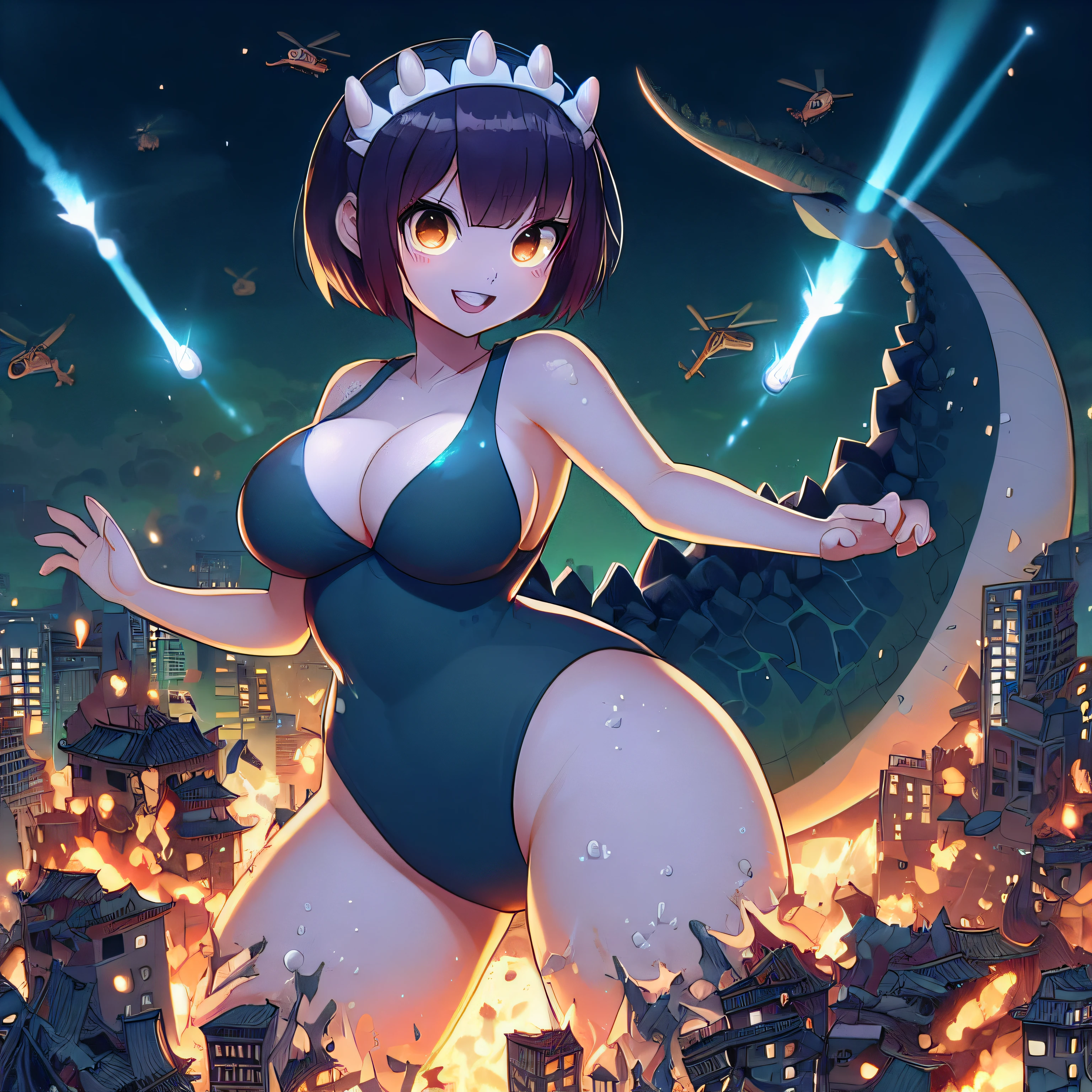 In a captivating anime scene,
Draw the whole body from head to feet,
a young woman wears a kaiju-themed suit, her face radiating cuteness.
The suit, with big thick tail and dark green and yellow accents.
creating a visually striking image,showcasing her entire body while maintaining a playful yet fierce demeanor.
many helicopter is firing missiles at her.