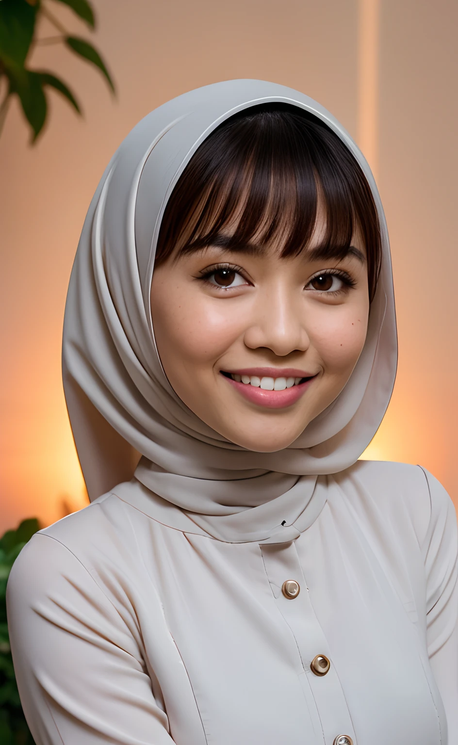 Masterpiece:1.2, high quality, best quality, high resolution, detailed, hyper realistic, 1 malay girl, wear baju kurung, bright short white hair, Shaggy Bob Haircut with Bangs, brown eyes, head tilt, sunset, birds flying, strawberry plant, Portrait, smile, showing teeth,  (detailed face), ((sharp focus)), ((face)), upper body, mid shot portrait,