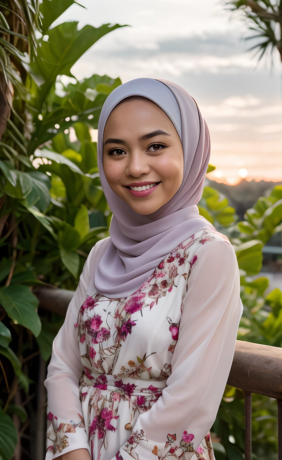 Masterpiece:1.2, high quality, best quality, high resolution, detailed, hyper realistic, 1 malay girl, wear baju kurung, bright short white hair, Shaggy Bob Haircut with Bangs, brown eyes, head tilt, sunset, birds flying, strawberry plant, Portrait, smile, showing teeth,  (detailed face), ((sharp focus)), ((face)), upper body, mid shot portrait,