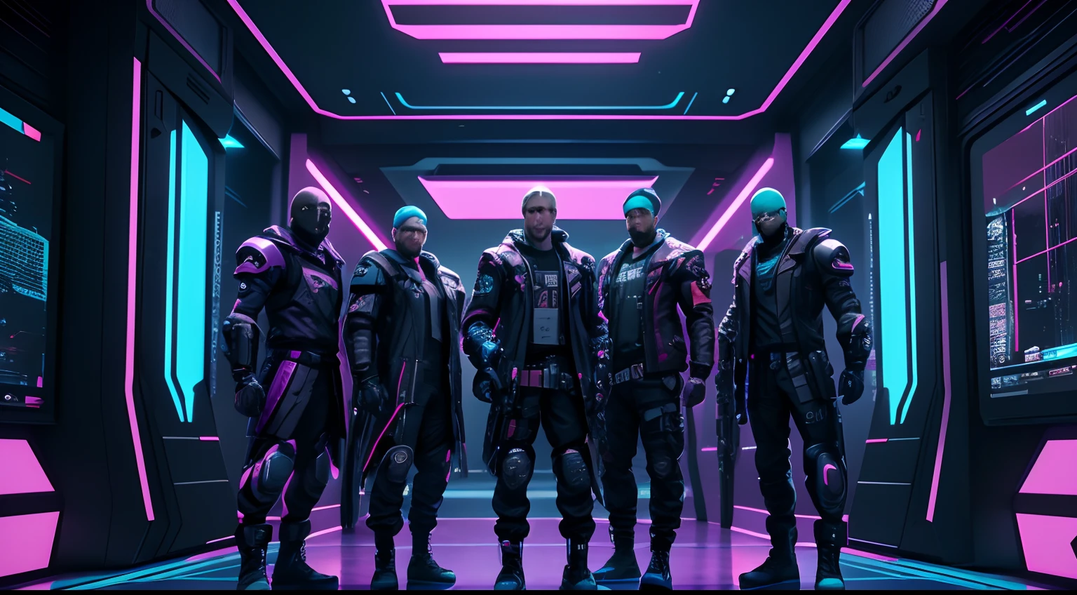 Reunion of man, team, squad, cyberpunk, abstract, full hd render + 3d octane render +4k UHD + immense detail + dramatic lighting + well lit + black, purple, blue, pink, cerulean, teal, metallic colours, + fine details + octane render + 8k