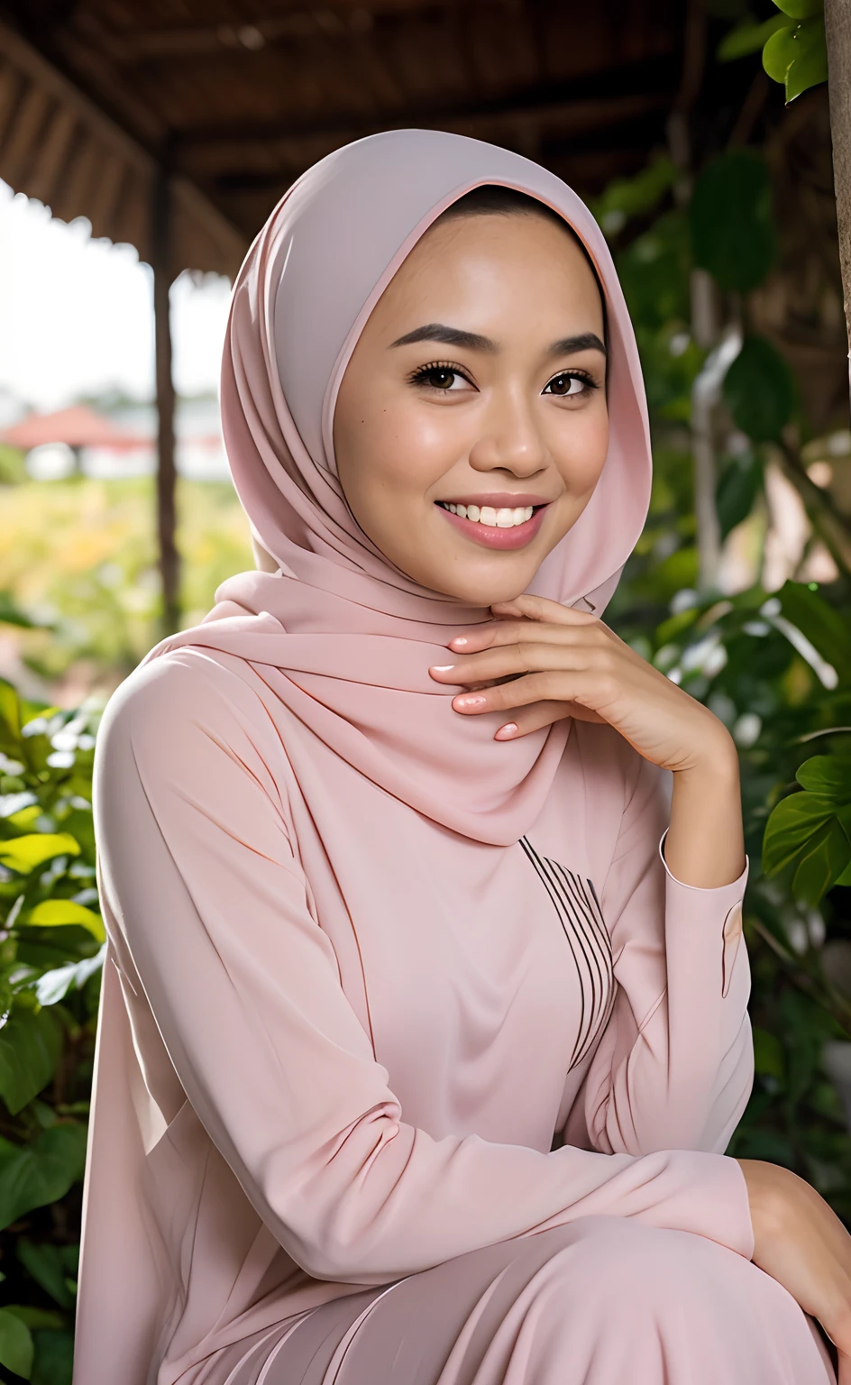 Masterpiece:1.2, high quality, best quality, high resolution, detailed, hyper realistic, 1 malay girl, wear baju kurung, bright short white hair, Shaggy Bob Haircut with Bangs, brown eyes, head tilt, sunset, birds flying, strawberry plant, Portrait, smile, showing teeth,  (detailed face), ((sharp focus)), ((face)), upper body, mid shot portrait,