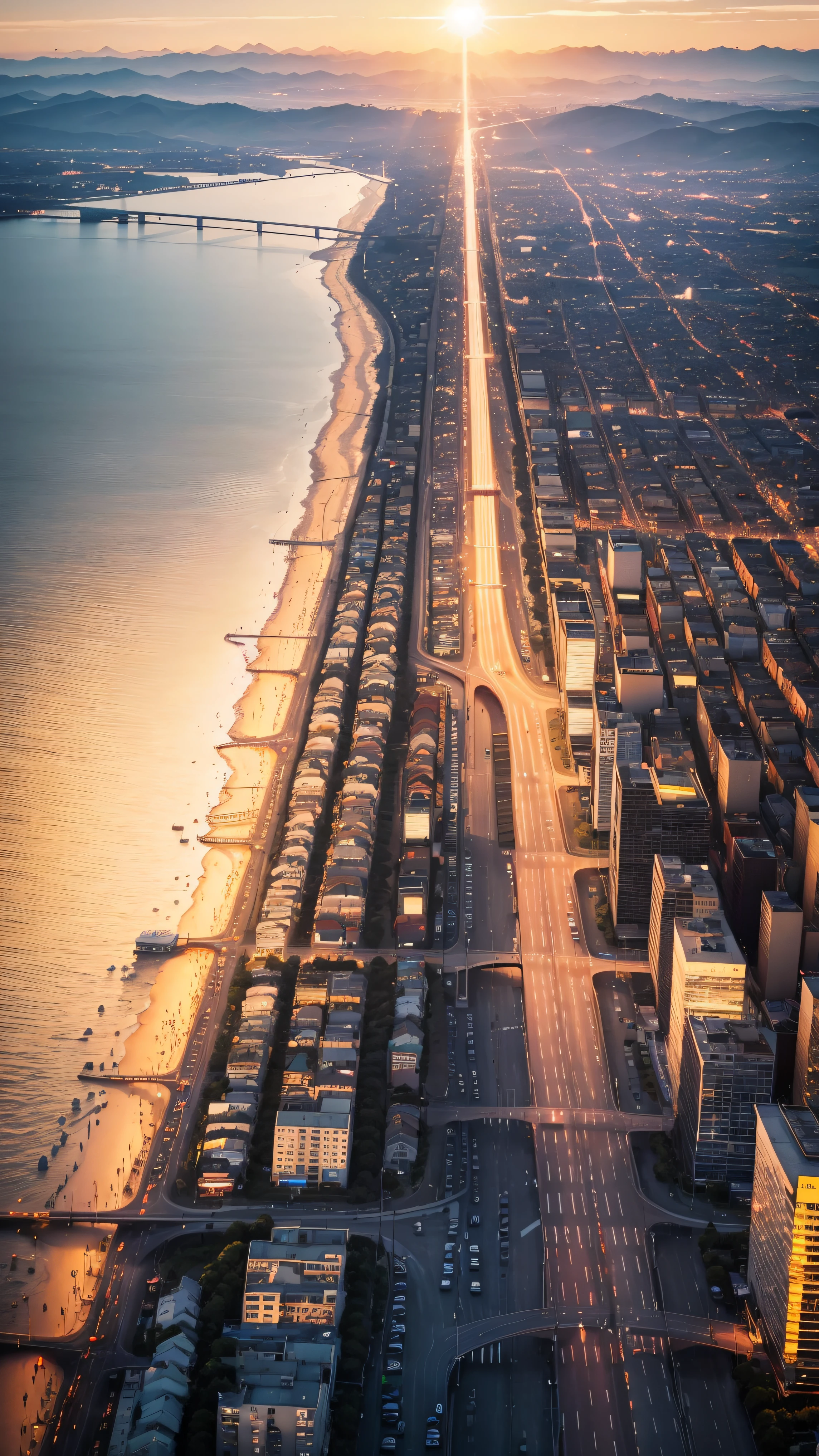The city in the evening，The sun is in the distance，Busy road，Oblique vista，The view of the road is oblique