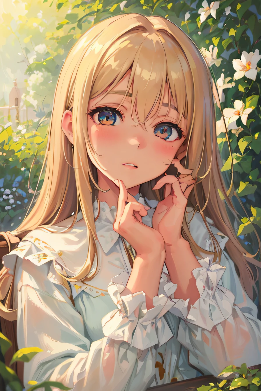 (best quality,highres:1.2),professional,extremely detailed eyes and face,soft features,beautiful detailed eyes,beautiful detailed lips,warm and gentle expression,kind facial expression,vivid colors,girl portrait,warm and soft lighting,natural backdrop,lush garden background,relaxed pose,medium:oil painting,subtle brushstrokes,gentle atmosphere,serene mood,subtle color palette