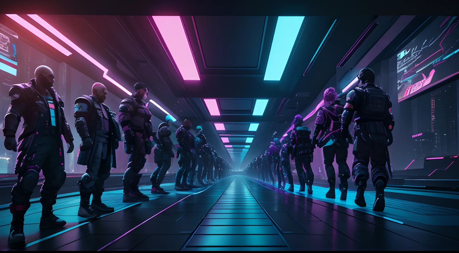 Reunion of man, team, squad, cyberpunk, abstract, full hd render + 3d octane render +4k UHD + immense detail + dramatic lighting + well lit + black, purple, blue, pink, cerulean, teal, metallic colours, + fine details + octane render + 8k