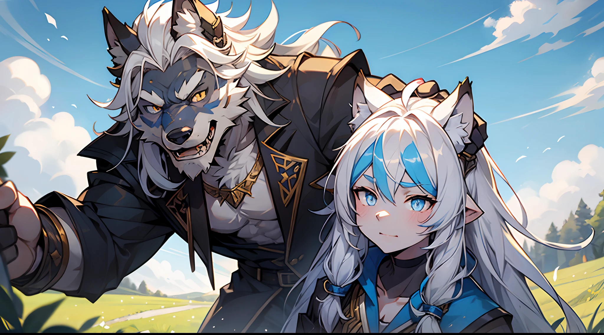 Wolf orcs,White hair，Golden pupils,The hair on the forehead is light blue，modern day，boy，NOWAI，Meadows and blue sky