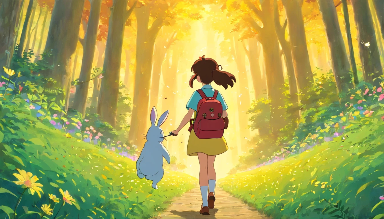 (((by Ghibli Studio))) A lush, The colorful forest is bathed in the golden glow of the setting sun. The birds are singing, Fireflies dancing in the air. The camera pans down to reveal a small one, The curious 's name is Lily, Carrying a rucksack，The expression widened.,See Lily picking up colorful flowers and putting them in her backpack. She meets a talking rabbit，His name is Ruffles。, Who wears a small monocle.