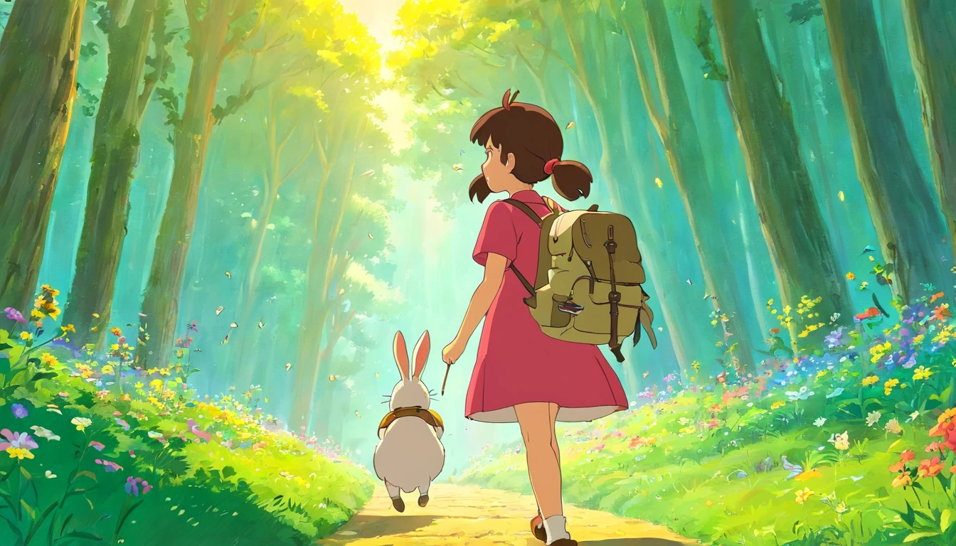 (((by Ghibli Studio))) A lush, The colorful forest is bathed in the golden glow of the setting sun. The birds are singing, Fireflies dancing in the air. The camera pans down to reveal a small one, The curious child's name is Lily, Carrying a rucksack,The expression widened.,See Lily picking up colorful flowers and putting them in her backpack. She meets a talking rabbit,His name is Ruffles。, Who wears a small monocle.