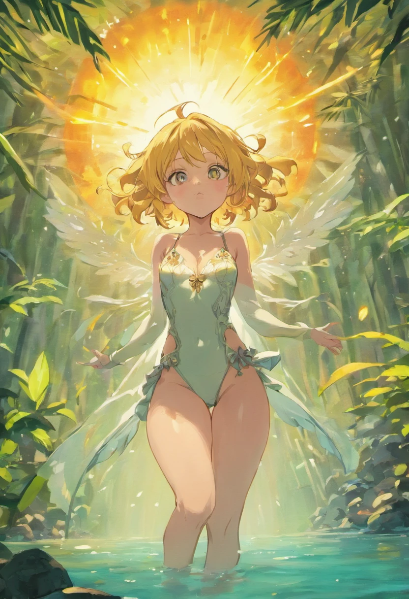 ((Nanatsu no taizai style)), ((best quality))) (((HD))) (((8k))) (character) 1girl, ((adventurous)), ((beautiful)) and ((drowsy)), ((hair over One eye)) and ((long hair)). Elizabeth lionese with a White bikini in the jungle night