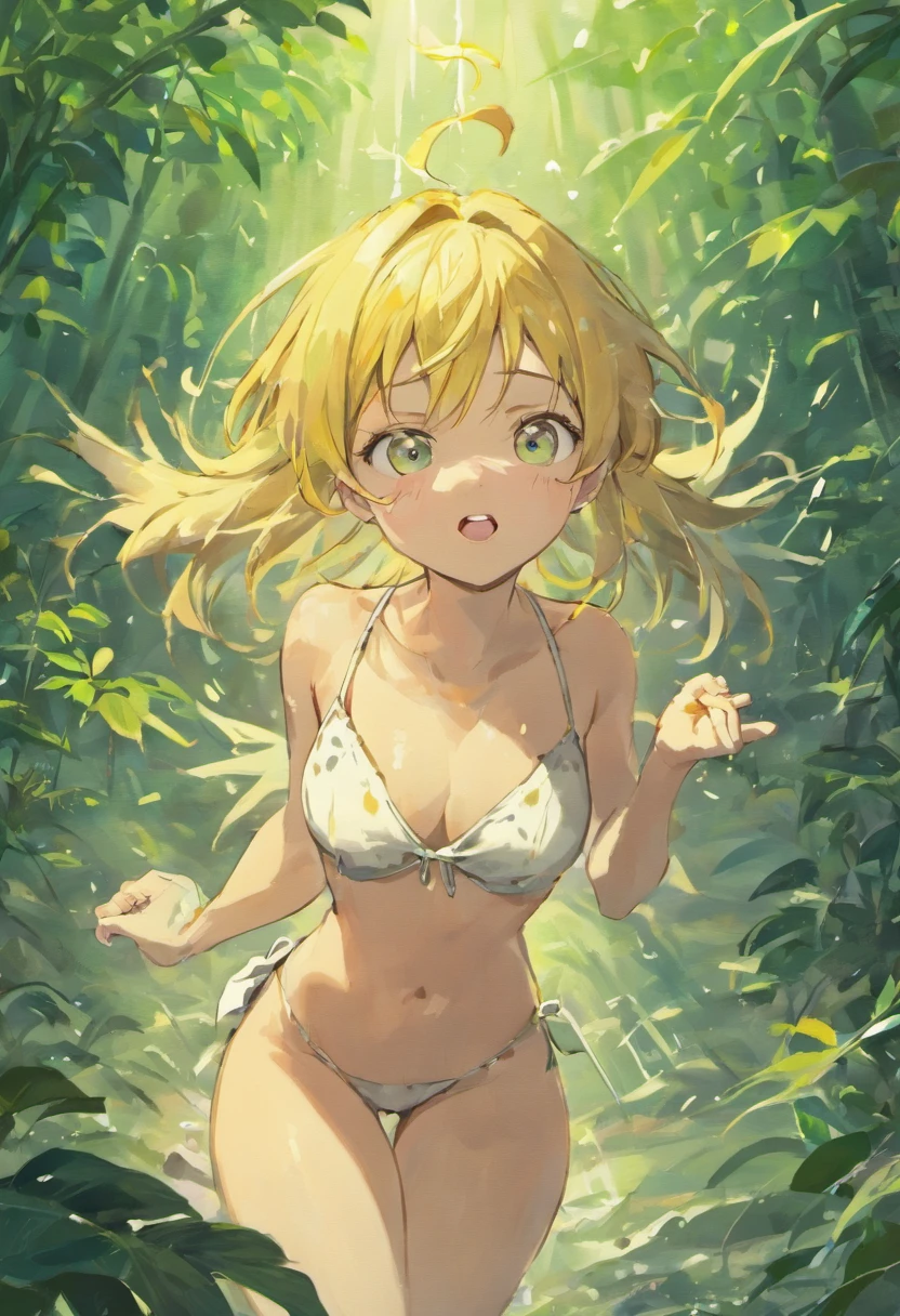 ((Nanatsu no taizai style)), ((best quality))) (((HD))) (((8k))) (character) 1girl, ((adventurous)), ((beautiful)) and ((drowsy)), ((hair over One eye)) and ((long hair)). Elizabeth lionese with a White bikini in the jungle night