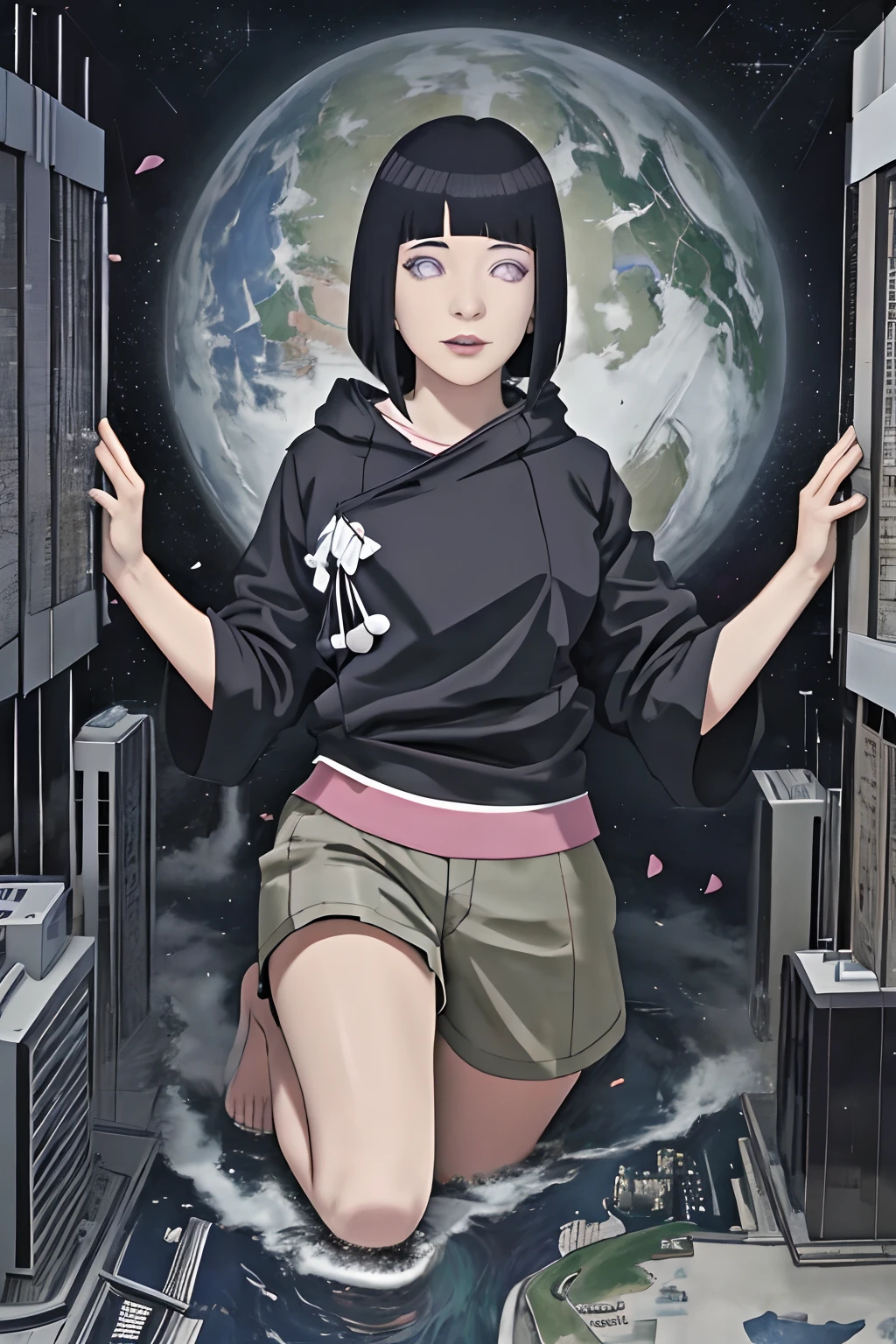 obra maestra, absurdos, Hinata Hyuga, 1girl, solamente,hembra madura, Correa de espagueti,Falda corta de cintura alta, mirando al espectador, (falling petals), perfect composition, labios detallados, pecho grande, Cara hermosa, body propotion, sonrojarse, (labios rosados), Cabello largo, purple eyes, mirada suave, super-realistic, detallado, photo session, Rostro y cuerpo realistas, sexual expression, Alluring expression,Sentado en el planeta,GTS GTSCity GTSGiga GTSPlanet GTSSpace Looming Stepping,Hinata\(Boruto\) Purple Hoodie Brown Pants Black Shirt, delantal