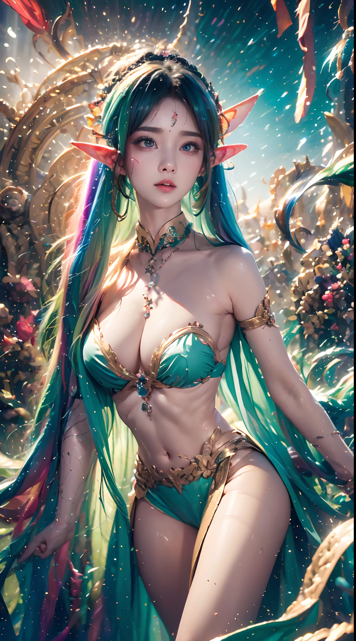 ( Absurd, High quality, Ultra-detailed, Masterpiece, concept-art, smooth, high detail artwork, Hyper-realistic painting , high resolution, paint splatter, colored splashing, Splash of Ink, colored splashing), (( Rainbow hair)),elf, Plum elf, plum , Transparent fairy wings, wearing only his underwear,huge tit,low chest,fairytale-like, Romantic, Vivid, Whole body,hand behind back,Malu,largeeyes,(Eye focus),Cosmic eyes,Space eyes,looking to the camera,In nature with waterfalls,PureErosFace_V1,Urzang-6500-V1 Edition.1,