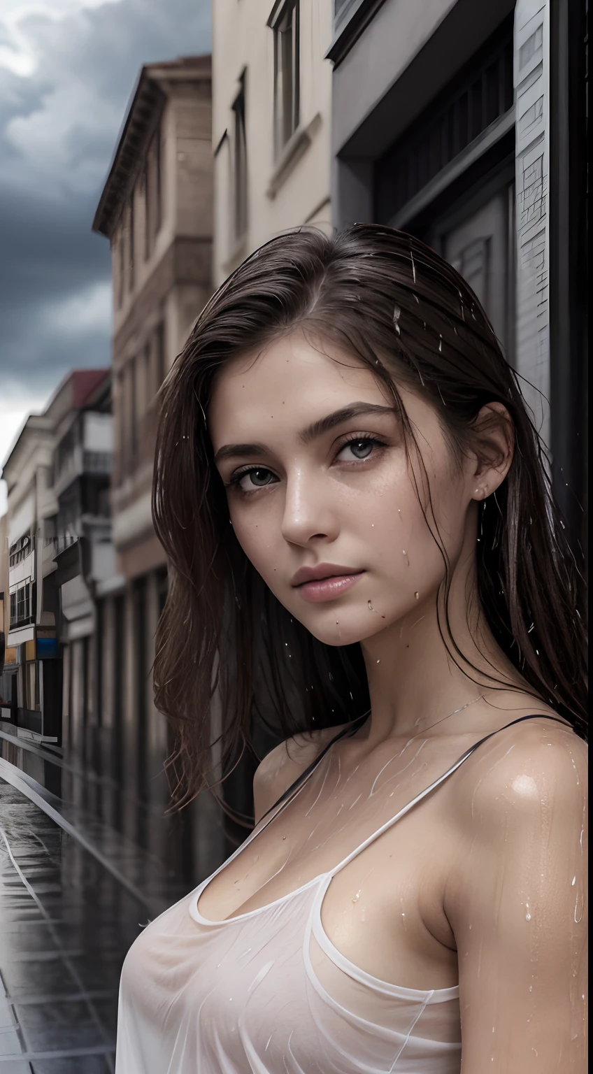 wide camera angle, middle body shot, cowboy camera angle, cloudy atmosphere, top-quality, masterpiece, 超A high resolution, Photorealistic, Raw photo, ((one beautiful women)), 22year old, Detailed face, beautiful eyes, depth of fields, the city street, Wet in the rain, White T-shirt with V-neck, Wet and see-through t-shirt, small tits, Faint lips, wetting hair, a wet body, water drop on the skin, (See the viewer's eyes), , oval face structure, almond eye type, Hazal eye color, symmetrical face, 32 inch breast size, soft wavy hair, brown hair color, mid-long hair length, pale skin color,
