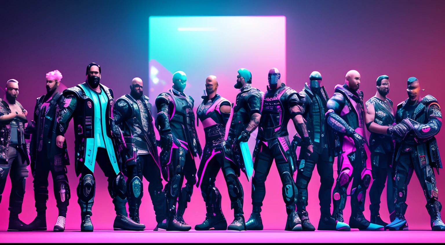 Reunion of man, team, squad, cyberpunk, abstract, full hd render + 3d octane render +4k UHD + immense detail + dramatic lighting + well lit + black, purple, blue, pink, cerulean, teal, metallic colours, + fine details + octane render + 8k