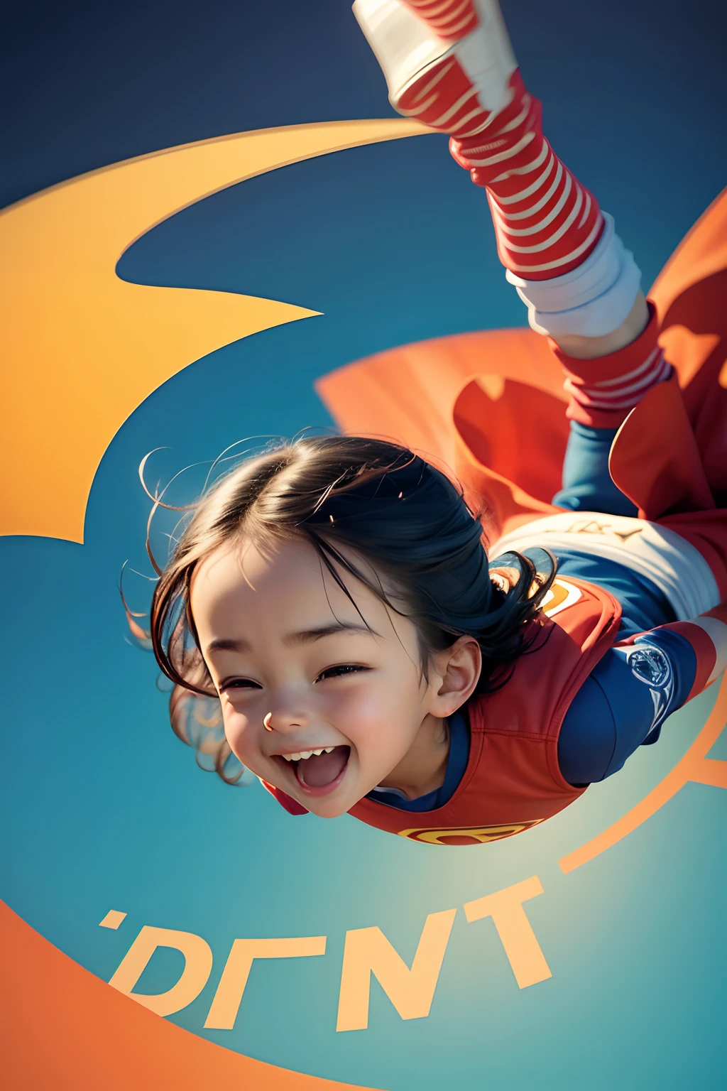 A poster with the title DARE TO DREAM in a playful font and a picture of a wearing a superhero costume and flying in the air. The child is smiling and holding a sign that says “I can do anything”. The poster has a comic style and a vibrant palette.