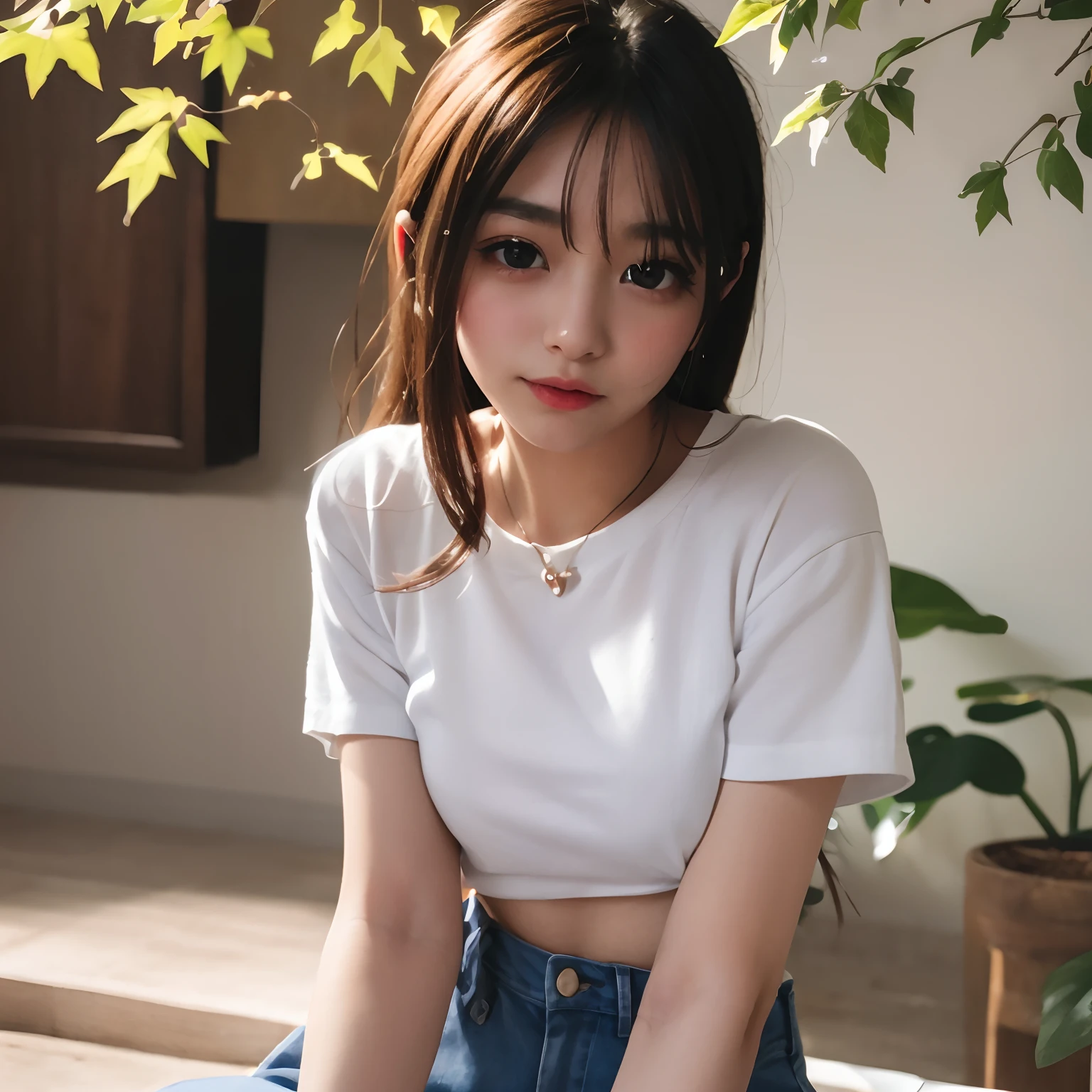 For a t-shirt mockup design,  caucasian teenage cute girl, pointed nose,  facing the front, wearing a high-quality white t-shirt with no designs no text, and clean blue jeans for a mockup design, with a focus on the high-resolution texture and details of the clothes. The girl is sitting in an all white room with a white background, with a shadow effect adding depth to the image.