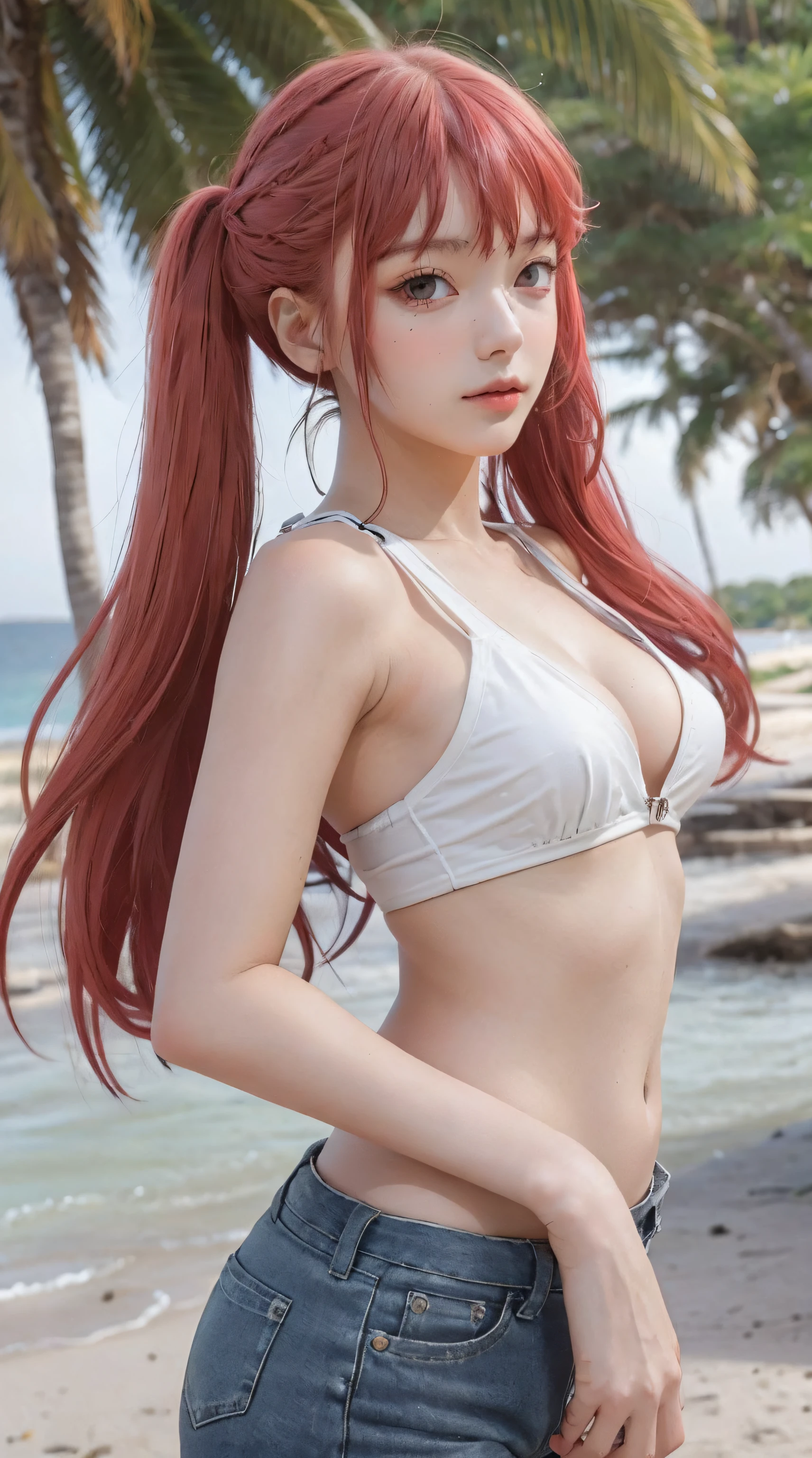 ayasakairemi, 1girl, high school girl, ager, twintails, red hair, red eyes, both hands holding the hair at the back of the head, showing armpits, beautiful, beautiful woman, perfect body, perfect breasts, wearing a beach bikini, black bikini, short jeans , on the beach, beautiful beach, very beautiful, coconut trees, looking at the viewer, a slight smile, realism, masterpiece, textured skin, super detail, high detail, high quality, best quality, 1080p, 16k
