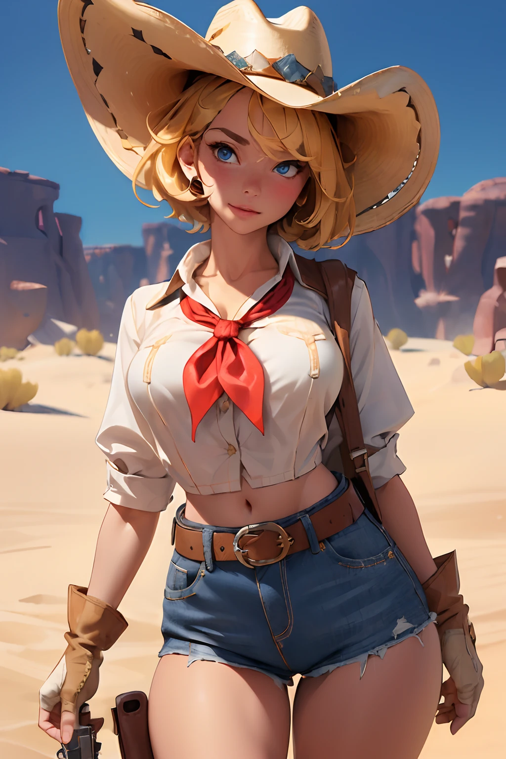 (((((solo))))),(((((masterpiece))))), (((((best quality))))),(((((highly detailed))))), finely detailed, Depth of field, crisp detail, detailed clothes, highres,
1girl, bangs, (beautiful detailed face:1.3), collarbone, ((white bra)), buttons undone, no bra, several buttons open to show cleavage, show belly, blue eyes, blonde hair, cleavage, ((cowboy)), (cowboy hat:1.3). fingerless gloves, hat, neckerchief, red neckerchief, short hair, low-rise daisy dukes, healthy thighs, gun belt ,cowboy western, sunny desert background, thigh gap, bare chest, takes off his shirt, Hand in panties, masturbates himself transparent shirt, wet shirt, big pink nipples sticking out, face confused, black thong