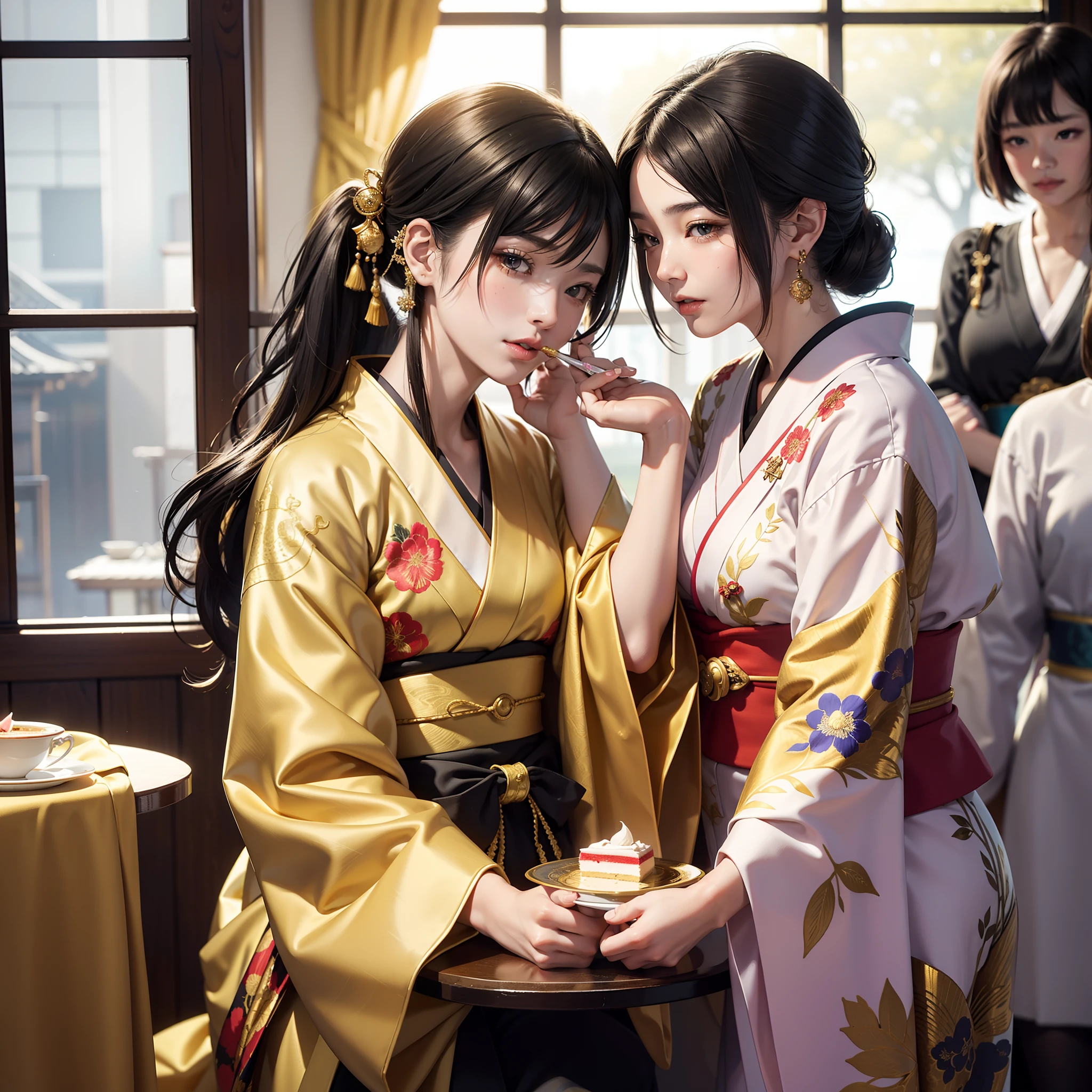 Detailed background(tea shop(The cityscape of Kyoto seen outside the window)),Laid on the table(a cake).Hold it in your right hand(cups&saucer),BREAK,Put it in your mouth(a cake),BREAK,elaborate costume{Luxury kimono(Colorful kimono(Detailed golden embroidery,))}、(Japanese Idol(actress):1.2)(face perfect:1.2),Depicting a beautiful and classy adult woman。glossy dark hair(poneyTail),Heart in the eye。 Wallpapers 16K, .Blur the background with a sickle,((masutepiece)), ((Best Quality)),{{a portrait photo of}},full body Esbian