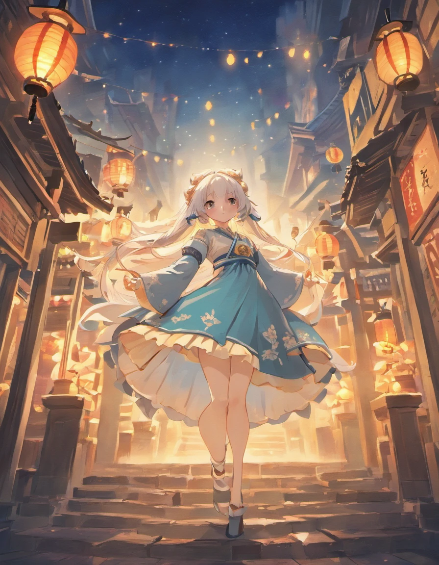 (((masterpiece))),(((best quality))),((ultra-detailed)),(illustration),CG,unity 8k wallpaper,depth of field,sense of modernity,{night},night market,((an beautiful cat girl)),{{fox ears}},{fox tail},blush,relaxing expression,beautiful bule eyes,{medium chest},{beautiful hands},{beautiful legs},{white pantyhose},{{long white hair}},unkempt,frills,,{long sleeves},{wide sleeves},{Carrying a lantern},{Ru skirt},{pure white Hanfu},{yellow embroidered shoes},whole body,depth of field,gorgeous,fantasism,nature,refined rendering