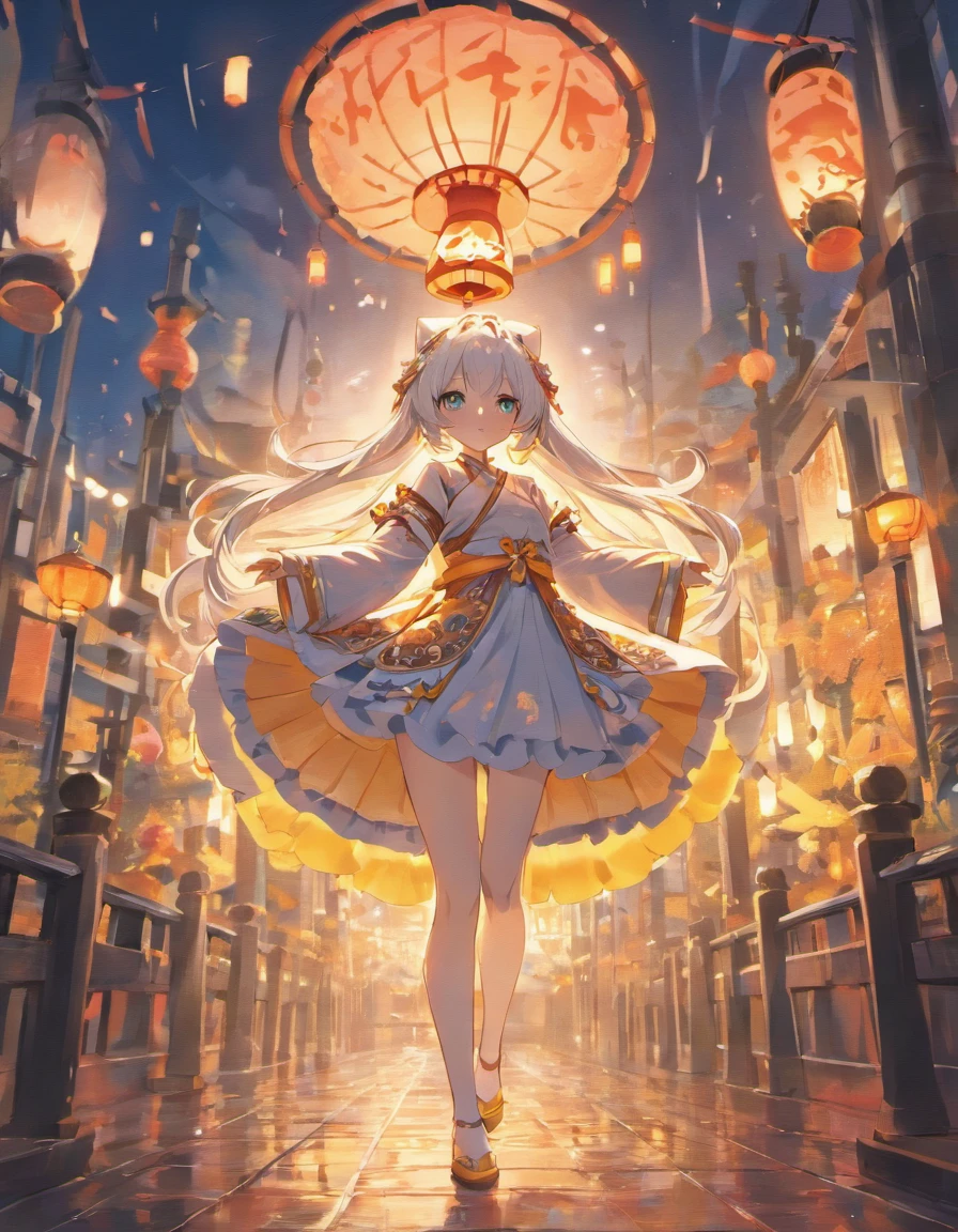(((masterpiece))),(((best quality))),((ultra-detailed)),(illustration),CG,unity 8k wallpaper,depth of field,sense of modernity,{night},night market,((an beautiful cat girl)),{{fox ears}},{fox tail},blush,relaxing expression,beautiful bule eyes,{medium chest},{beautiful hands},{beautiful legs},{white pantyhose},{{long white hair}},unkempt,frills,,{long sleeves},{wide sleeves},{Carrying a lantern},{Ru skirt},{pure white Hanfu},{yellow embroidered shoes},whole body,depth of field,gorgeous,fantasism,nature,refined rendering
