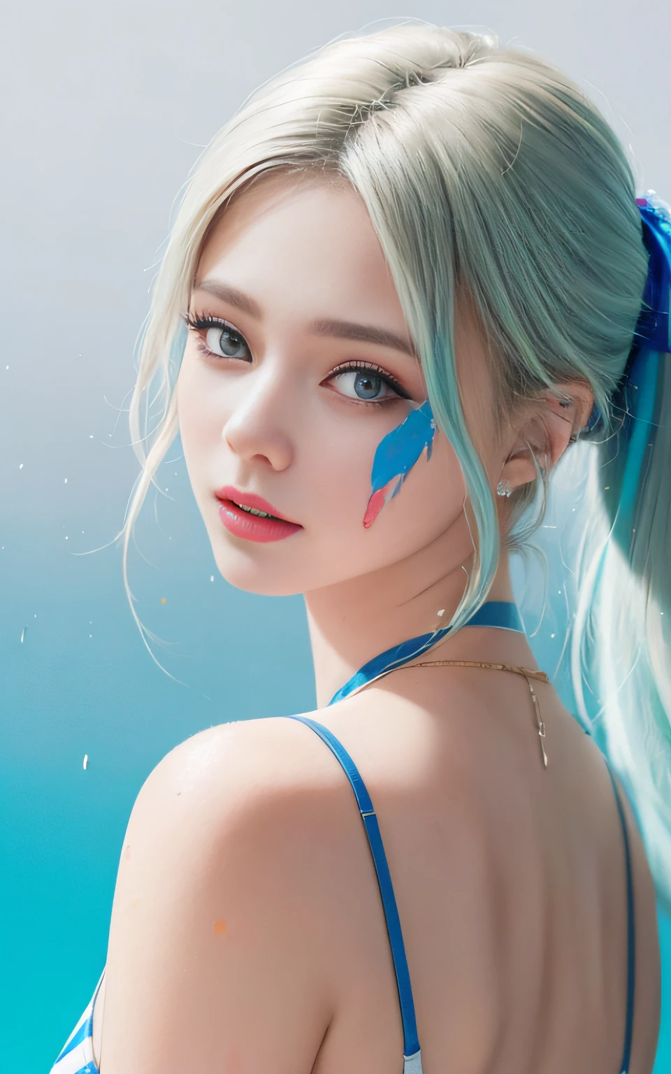 Full body portrait, standing, (colorful fashion ultra-small mini bikini: 1.9), (colorful hair: 1.8), (all colors of the rainbow: 1.8), (vertical: 1.6))), (painting, painting, portrait), cartoon, illustration, painting, large, crystal clear eyes, (rainbow gradient high ponytail: 1.7), exquisite makeup, mouth closed, (small fresh(1.5), (Big: 1.6), long eyelashes, looking at the audience, big watery eyes, (iridescent hair: 1.6), color splash, (solo, :1.8), color splash, color explosion, thick paint style, messy lines, ((sparkling)), (colorful), (colorful), colorful, colorful, chic paint style, (splash) (color splash), vertical painting ,, Paint splash, acrylic pigment, gradient, paint, best quality, best quality, masterpiece, , solo, , depth of field, face paint, colorful clothing, (elegantly: 1.2), gorgeous,long hair, wind, (elegantly: 1.3), (petals: 1.4), (Masterpiece,))))), (Best Quality))), (Ultra detailed))), (Illustration), (Dynamic Angle), ((Floating)), (Paint), (((disheveled hair)), (Solo,), (1 girl), (Detail anima face)))), (Beautiful Detail Face)), Collared, Bare shoulders, White hair, (((Colorful hair)), ((Striped hair)), Beautiful detailed eyes, (Gradient colored eyes), (Colorful eyes)))), ((High Saturation))))) , (((surrounded by colorful splashes))),