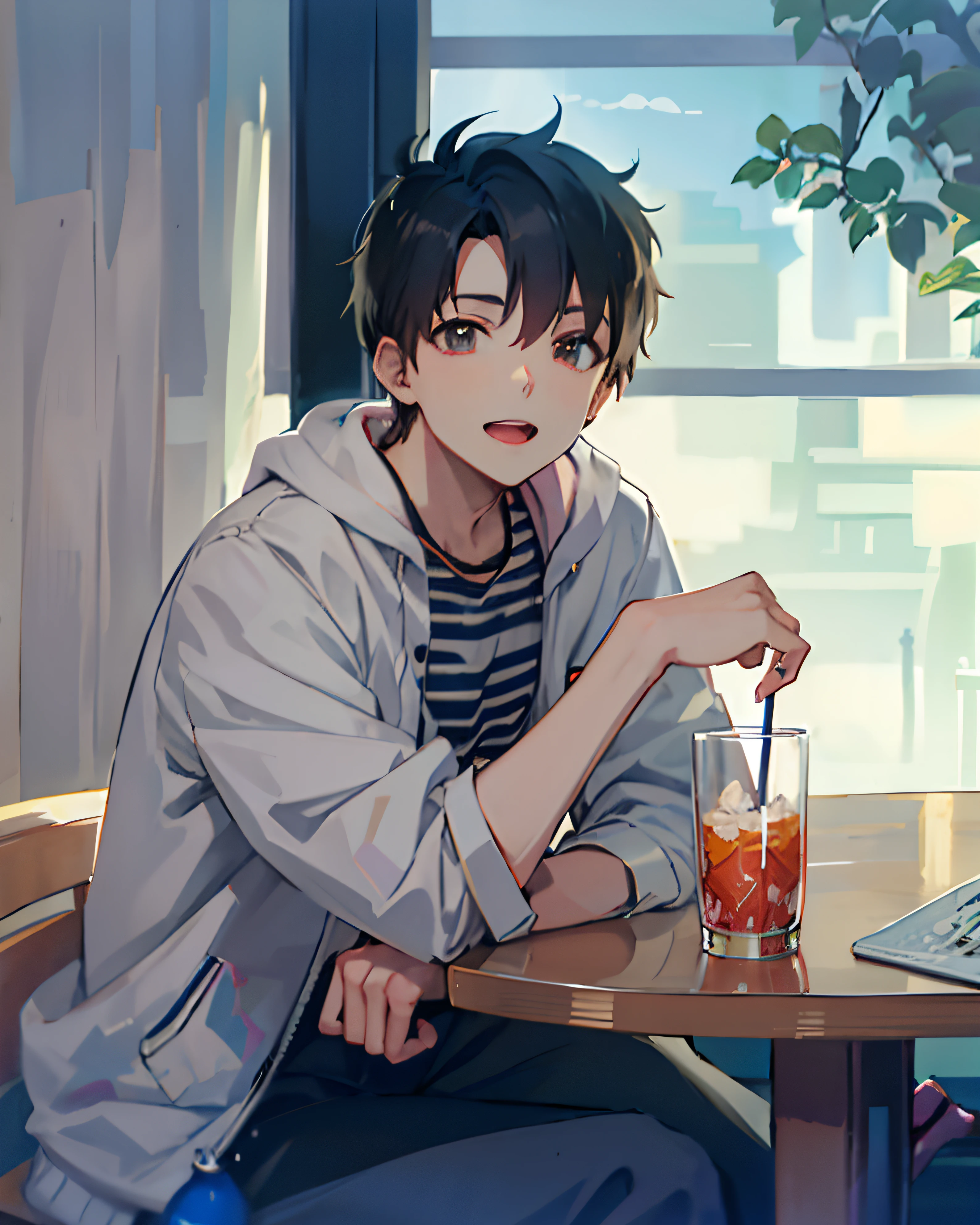anime - style illustration of a man sitting in a chair in a room, lofi portrait, lofi artstyle, digital anime illustration, modern anime style, anime aesthetic, anime artstyle, high quality anime artstyle, handsome anime pose, anime art style, in an anime style, anime style only, in anime style, lofi art, anime moe artstyle