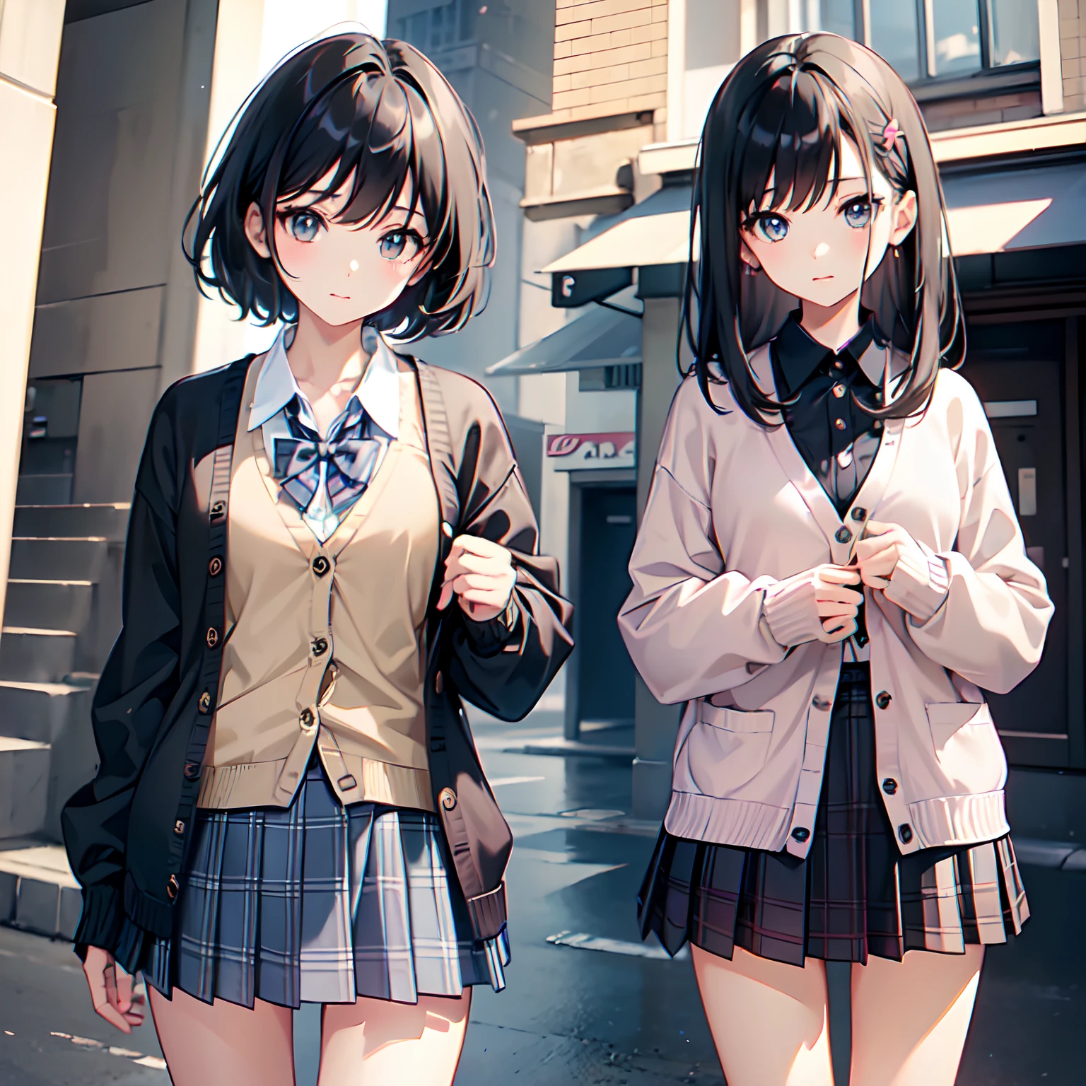 Super delicate and cute girl with black hair、a junior high school student、14years、8K Ultra High Definition、Delicate texture、 Medium Hair、flat chest、(((Plaid mini skirt)))、(((Wear a cardigan over a collared shirt)))、high socks、Plain clothe