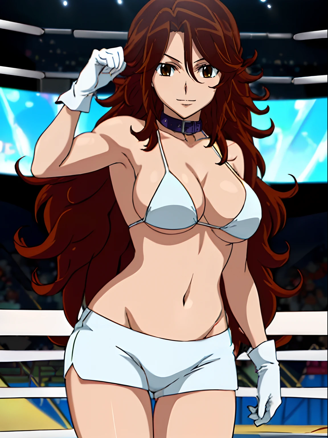 cowboy shot, body view, anime style: 1.8, anime drawing, ultra detailed face, ultra detailed body, 4k, Sumergai Lee Noriega, (standing), best quality, anime style, hires, highest definition, digital blending, bold drawing lines, ((slim waist, female wrestler), (location: wrestling arena, crowds watching), ( slim body, , little biceps, thighs, off-shoulders, (curvy: 2.8), lighting, spot lights, very shiny skin), ((white bikini, shorts, groin, , white gloves, collar)), victorious, winner, , (big breasts, smile), (big eyes, brown eyes), (clapping), (brown hair, loose hair, curly hair, wavy hair, long hair, missy hair), 27 years old, (give up pose)